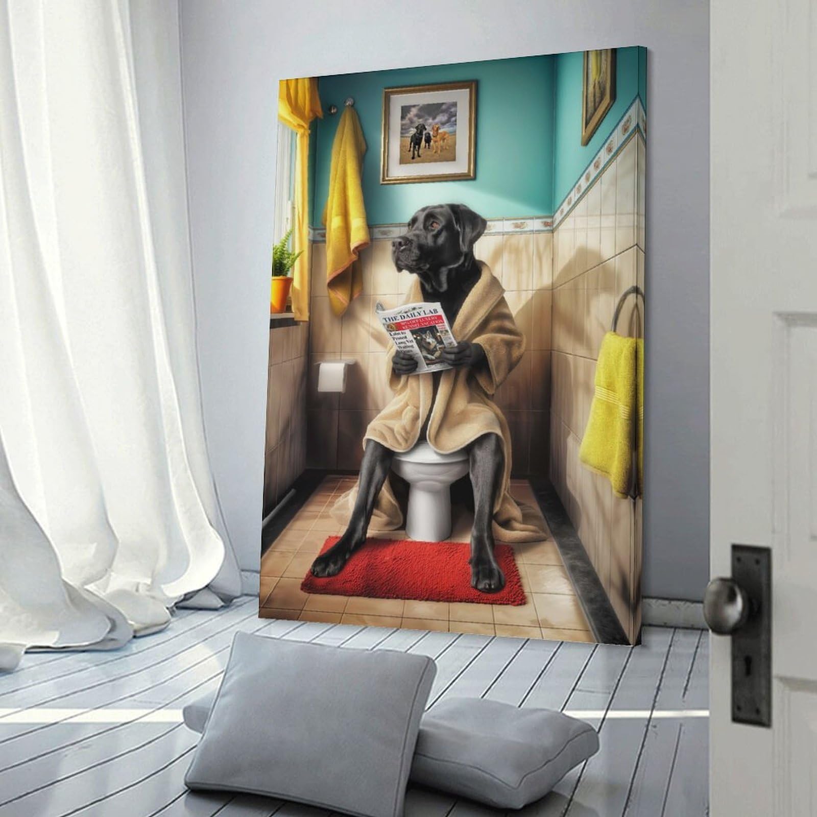 Junmoney Frame-Style-6 Home Decor Wall Art Black Labrador Bathroom, 16X24inch(40X60cm), For Bedroom Decor, Cosy Corners Or Studios, Decorative Wall Art For Cosy Rooms
