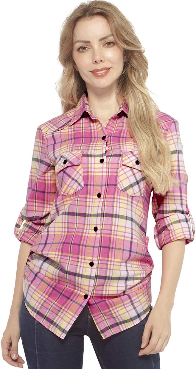 Match Womens Button Down Flannel Plaid Shirts roll up Long Sleeve Shackets Business Blouse Top - Image 2