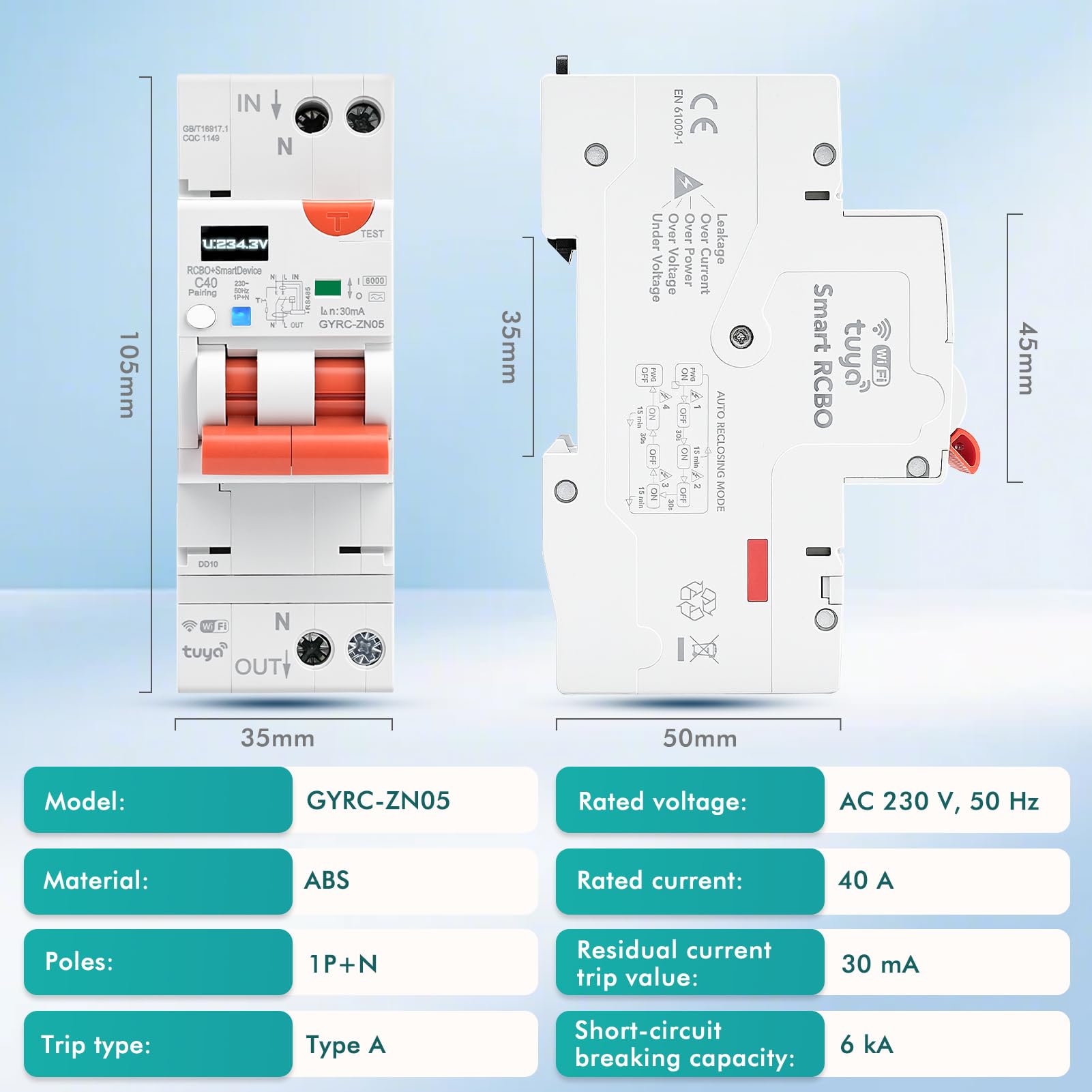 Fi schutzschalter 40A 30mA Typ A 1P+N Tuya wlan automatische wiedereinschaltung wifi fehlerstromschutzschalter AC230V Leitungsschutzschalter Mit Kurzschluss Unter-und Überspannung Überlast GYRC-ZN05