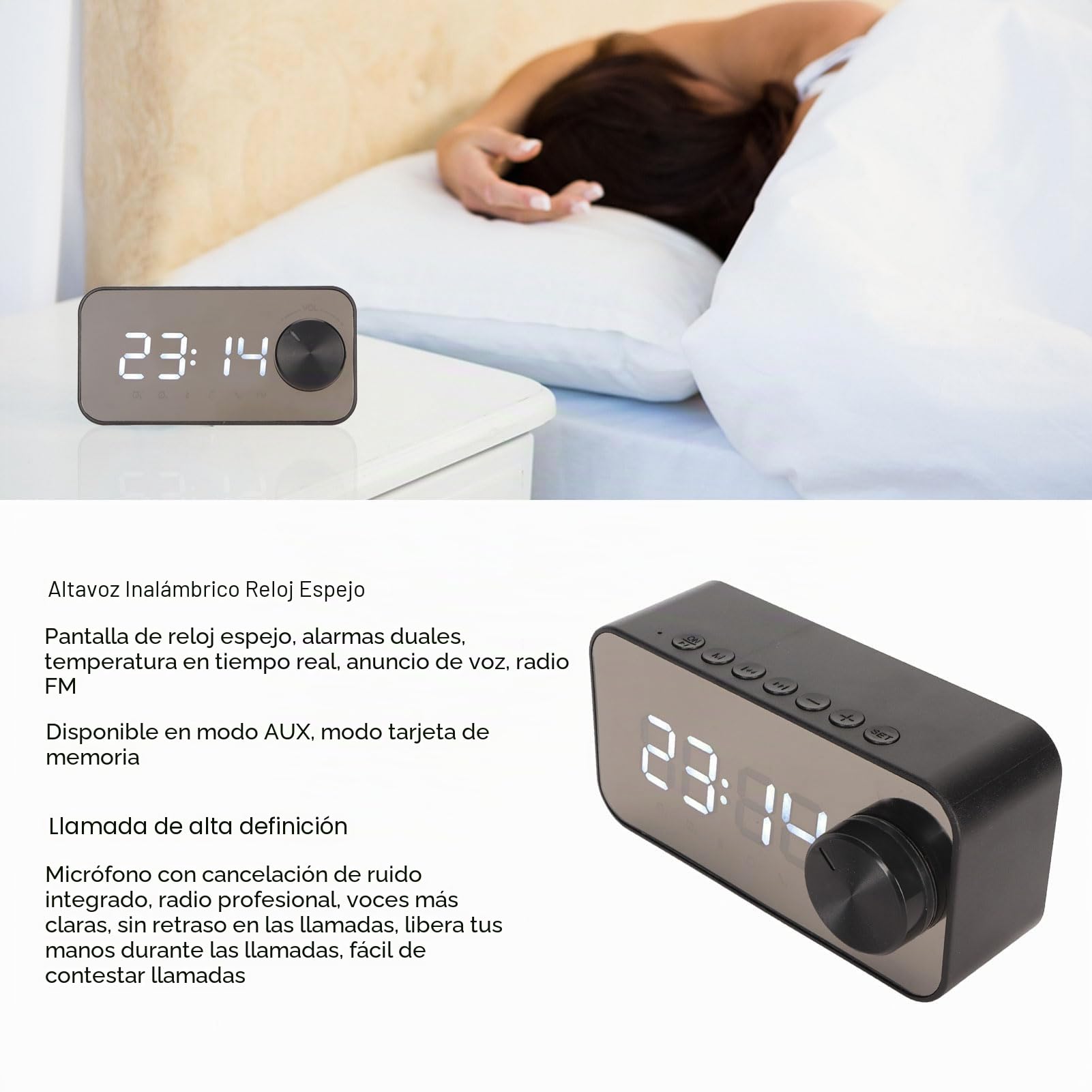 Radio Despertador Bluetooth, Reloj Digital con Alarma Dual, Radio FM, Altavoz Incorporado, Pantalla de Temperatura