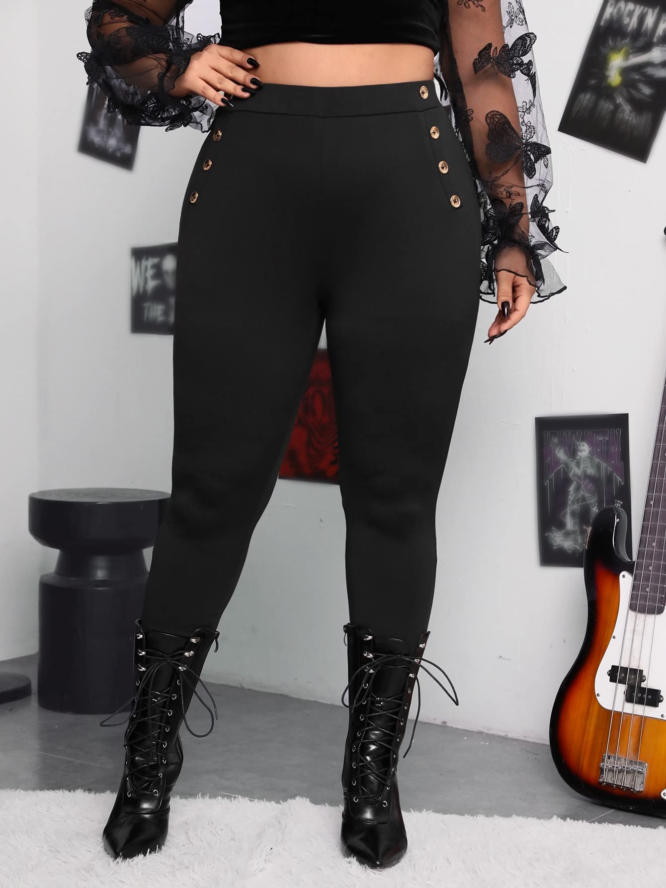EVLTN Plus Size Pants Women Plus High Waist Button Detail Skinny Pants Plus Size Pants Women Color Black