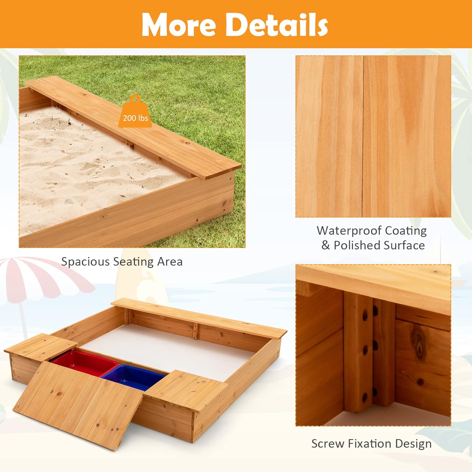 Costzon Kids Sandbox, 49” x 47” Cedar Wood Sand Pit w/Bench Seats & 2 Built-in Storage Boxes, Outdoor Sand Box for Backyard Home Lawn Garden Beach
