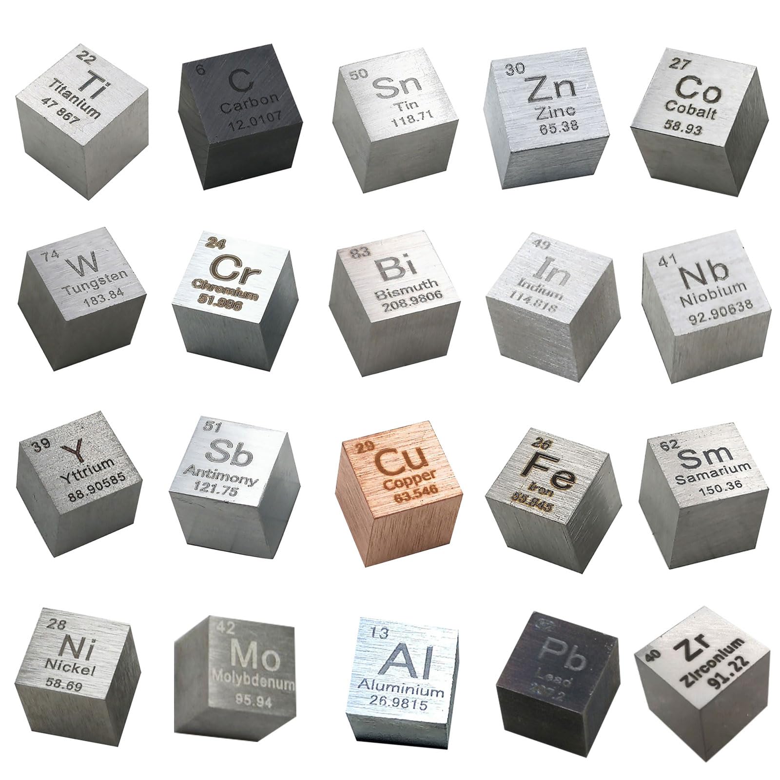 TIHONORI 20 Piece Metal Element Cubes Set - Density Cube Set for A Periodic Table of Elements Collection - Pure Tungsten Cube, Titanium, Nickel, Aluminum, Iron, Copper, 14 More (.39 Inch/10mm)