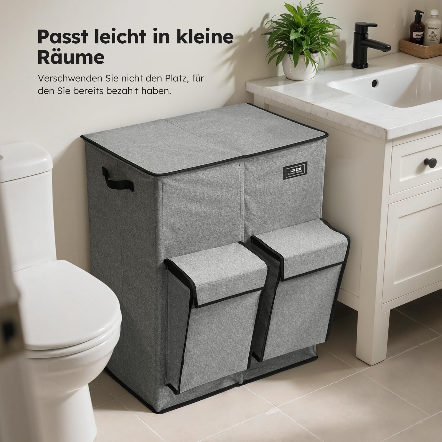 SOLEDI 180L Wäschekorb mit Deckel, Wäschesammler 2 Fächer mit 2 Seitentaschen, Laundr Baskets mit 2 Wäschesack, Wäschesortierer Groß XXXL für Badezimmer, Schlafzimmer, Waschküche