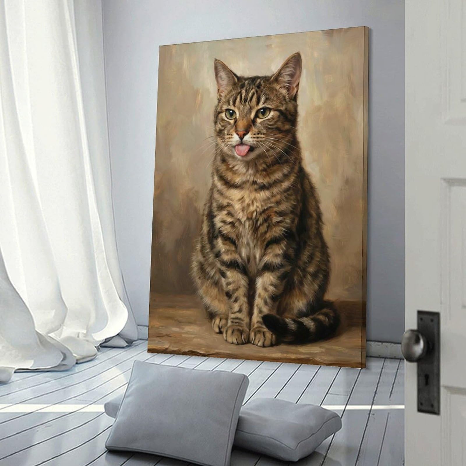 Junmoney Room Decor Wall Art Tabby Cat Portrait with Tongue Out, 08x12inch(20x30cm), for Workspace Walls, Study Corners Or Bedrooms, A Smart Decor Choice for Study Walls