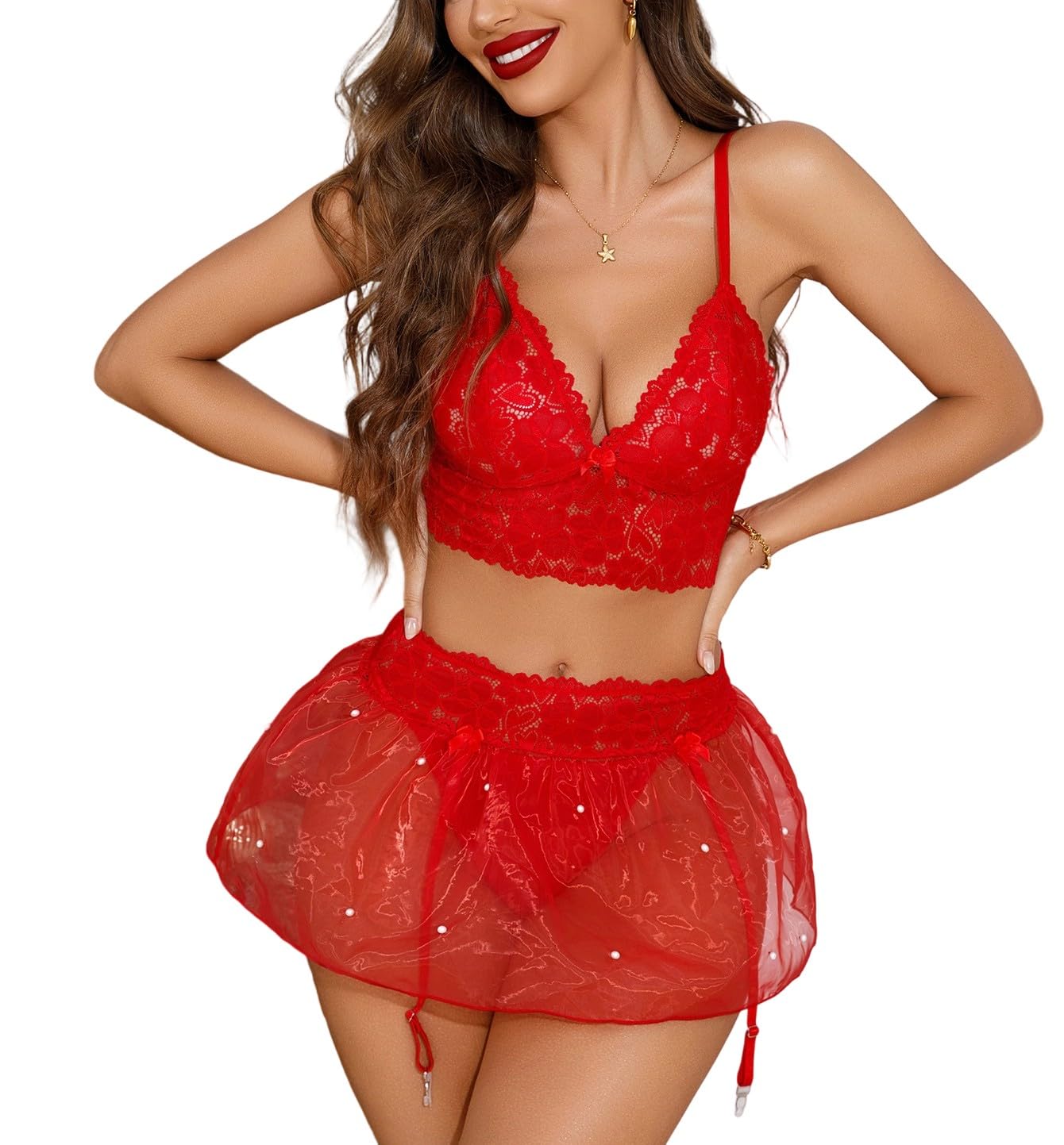 Feng Shui Damskie seksowne komplety bielizny Czerwone 3 szt. Koronki Głęboki dekolt w kształcie litery V Top biustonosz push-up Organza Perłowa mini spódniczka ze stringami i pasem do pończoch