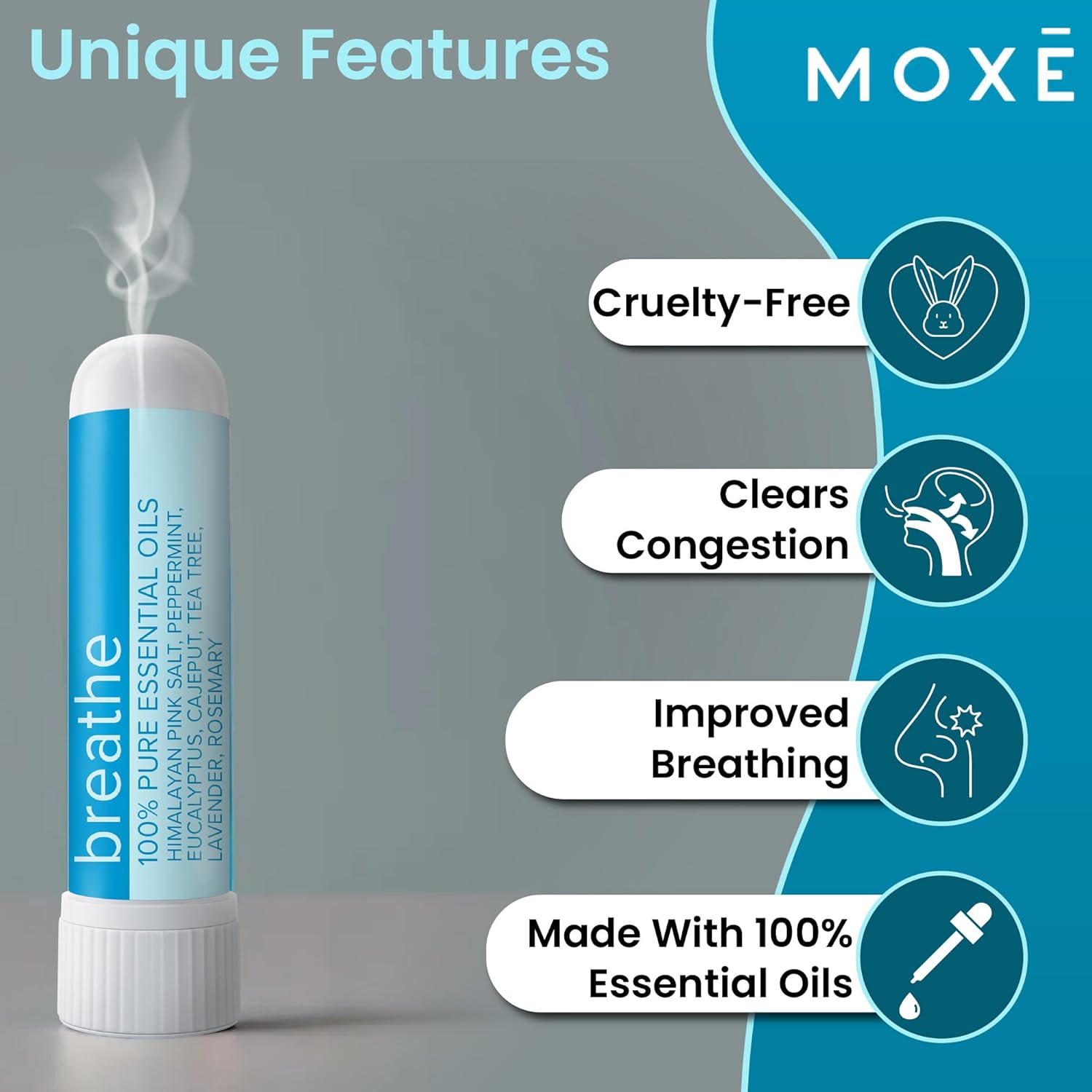 MOXE Breathe | Himalayan Salt Inhaler | Help Clear Congestion, Boost Focus and Improve Breathing | Natural Aromatherapy | Peppermint, Lavender and Tee Tree Essential Oil (6 Pack)