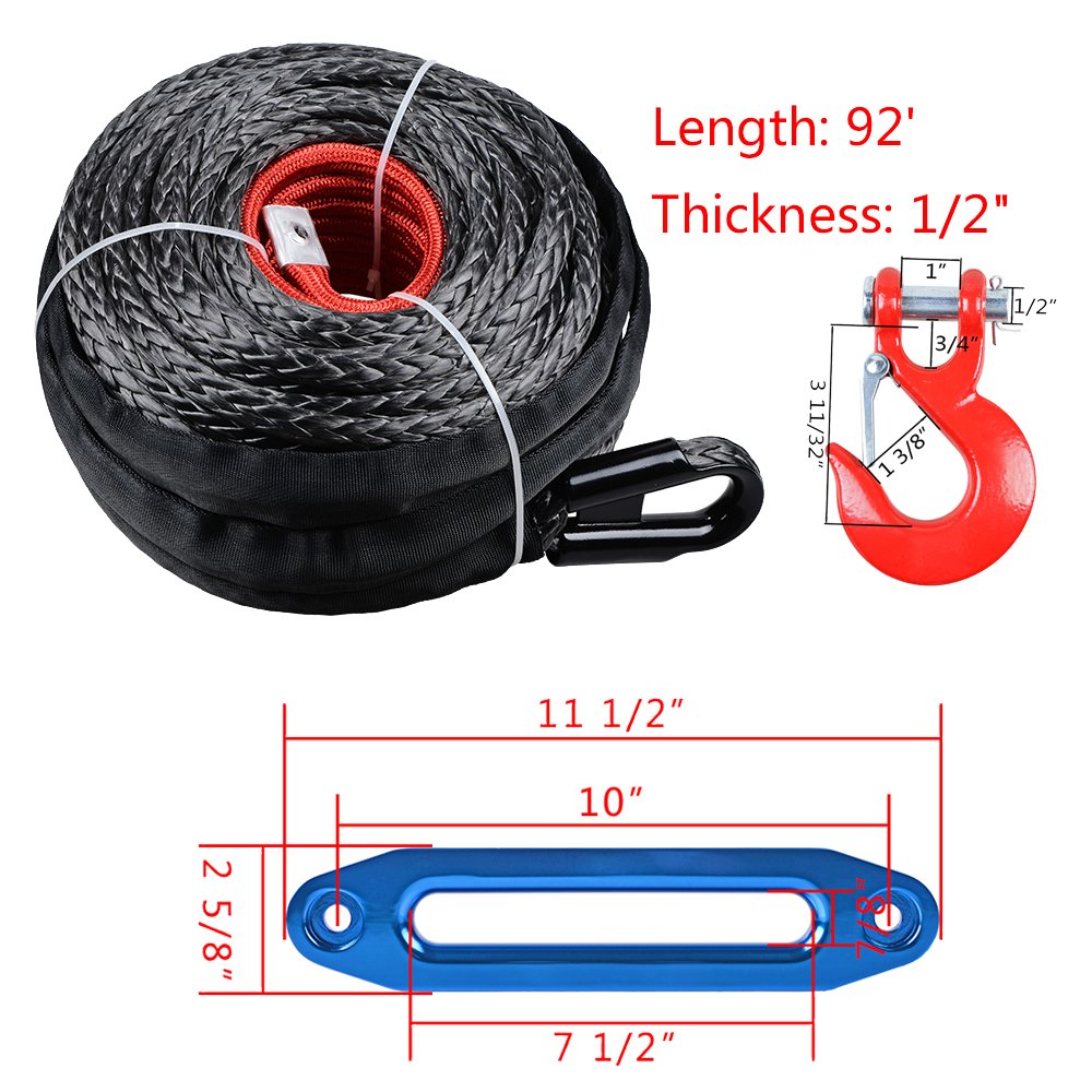 amopacorp Black 92 feet x 1/2 inch Synthetic Winch Rope with Protective Sleeve with RED Hook and 10 inch Blue CNC Aluminum Hawse Fairlead
