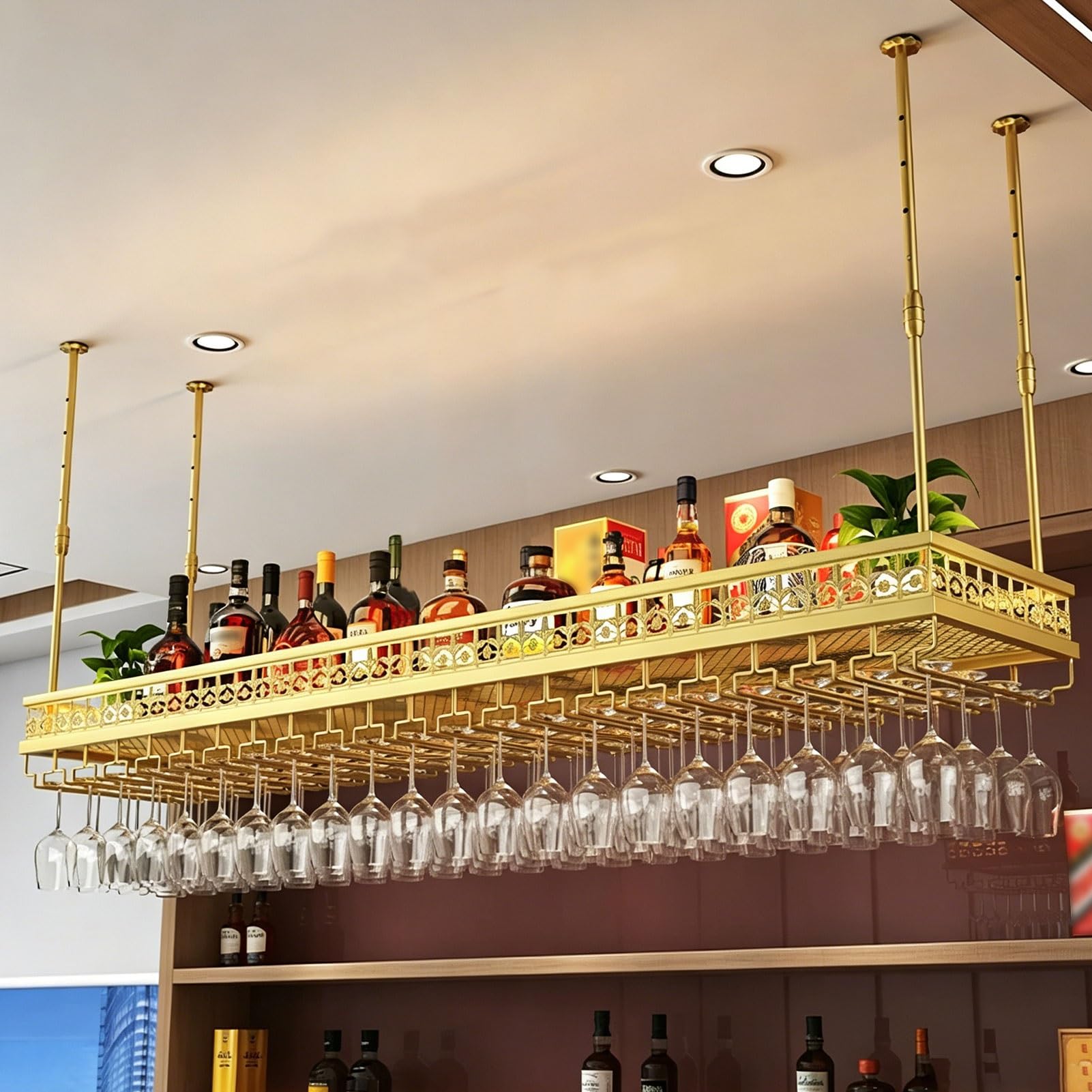 Estante de vino de techo, soporte colgante de metal, altura ajustable, estante de almacenamiento de botellas para sala de estar y cocina, diseño elegante