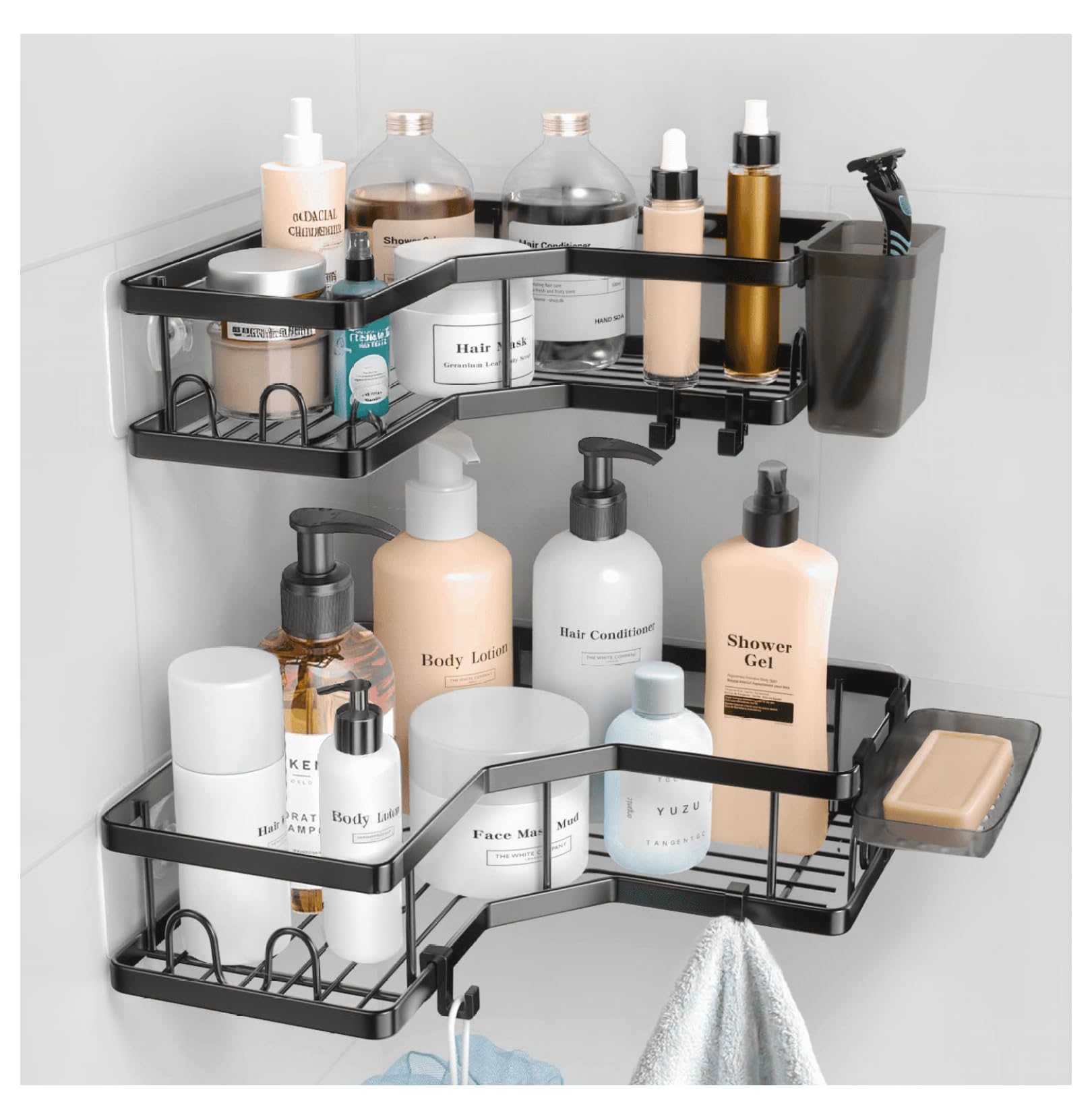 Corner Shower Caddy - 2 Shelf Adhesive Organizer Rustproof Black