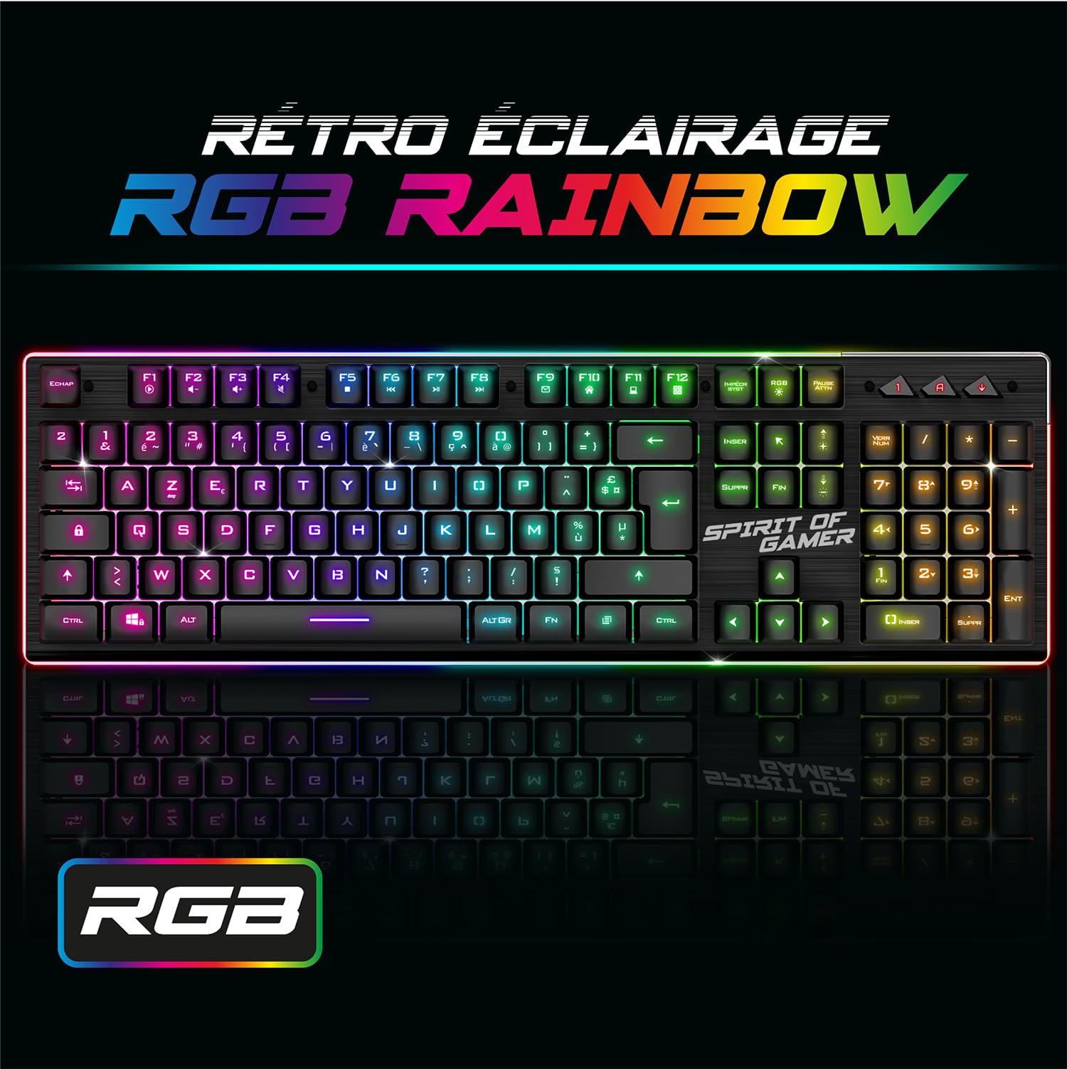 Spirit of Gamer, Pack Clavier Souris sans Fil Gamer Rechargeable RGB, Structure Aluminium, AZERTY FR Rétroéclairé, Gaming Keyboard Semi Mécanique, Wireless Mouse 4800 DPI, PS4/PS5, PC, Xbox, Noir