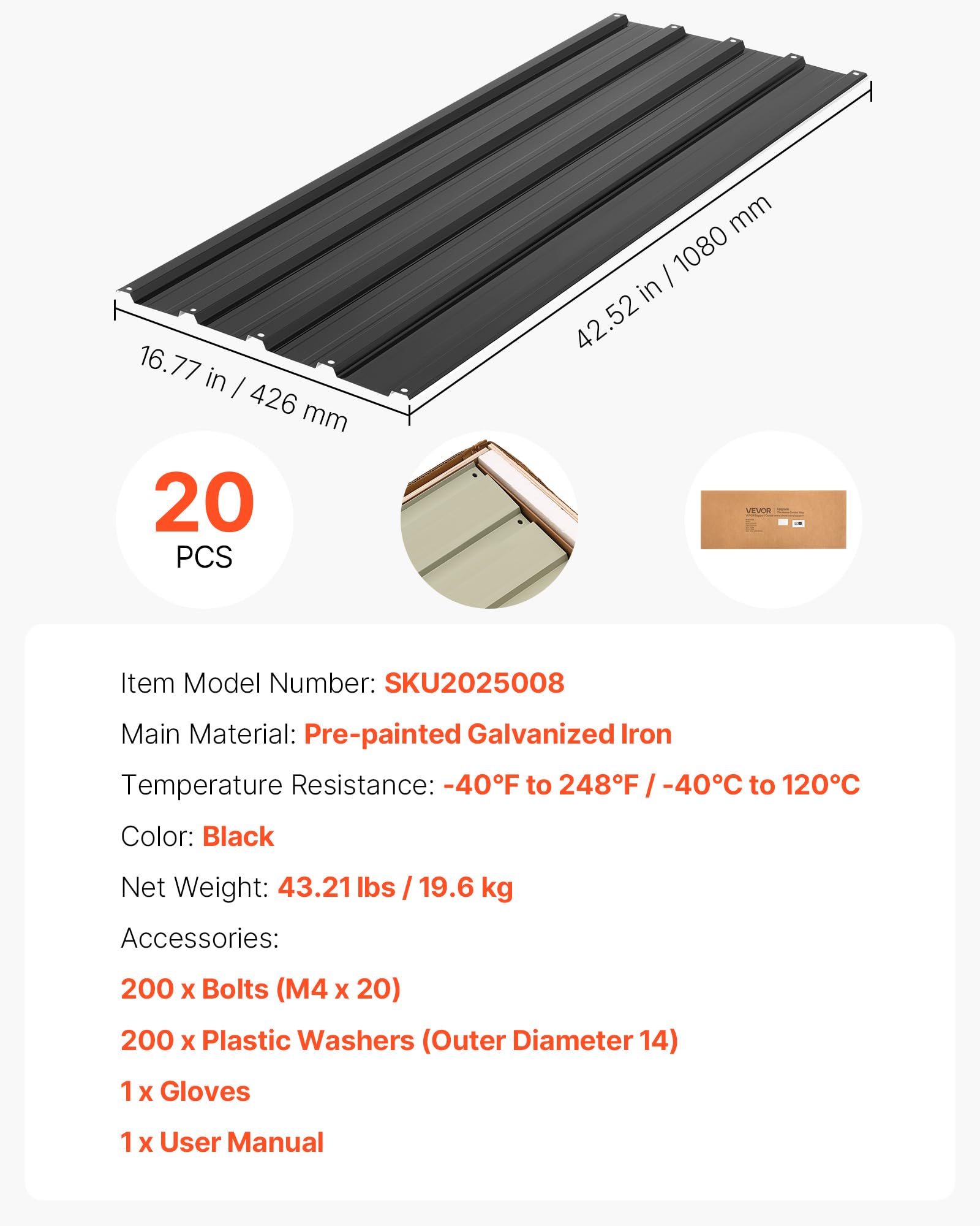 VEVOR Paneles de Techo 20 Piezas 1080 x 426 mm, Láminas Metálicas de Acero Galvanizado, Chapa Ondulada Resistente a la Intemperie con Guantes, Kit de Tornillos, para Cobertizo Garaje y Granero, Negro