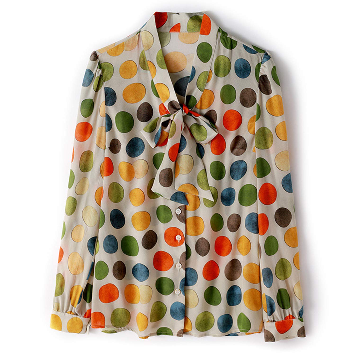 Camicia A Maniche Lunghe A Pois Vintage Multicolore da Donna, Top in Seta Stampata con Stampa di Seta, Blusa Elegante
