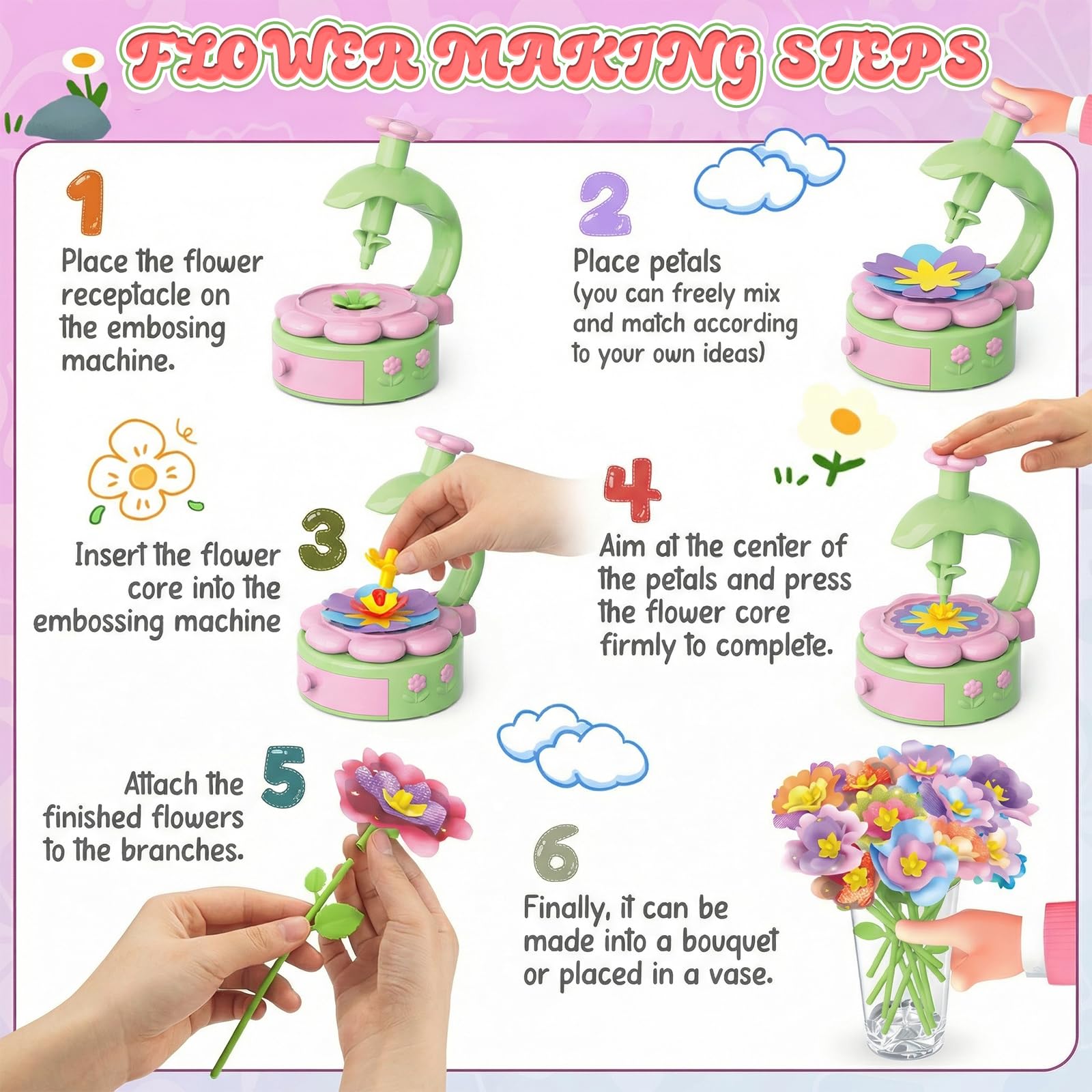 MinXin Juego de Manualidades para Niños 4 5 6 7 8 9 10 Años, Manualidades Niña, Ramo de Flores de Juguete, Juego Creativo con Máquina de Flores, Regalo Niña 5 años, Regalos de Cumpleaños