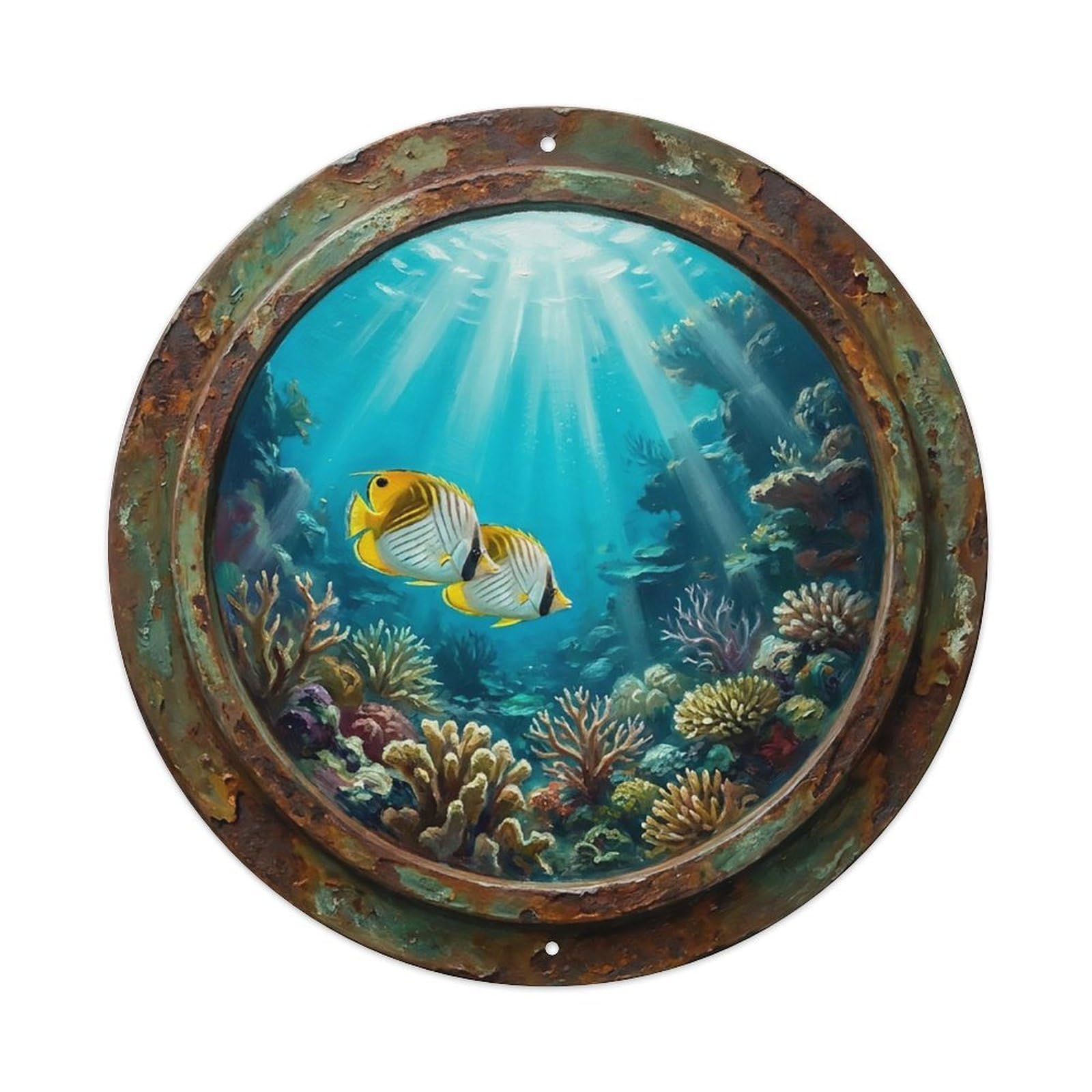 Vintage Porthole Butterflyfish Pair Ship Window Undersea Deep Sea Metal Tin Sign