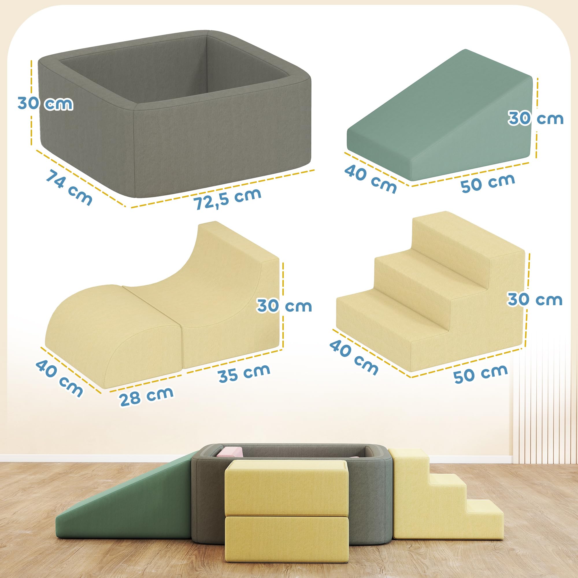 AIYAPLAY Juego de 7 Bloques de Espuma para Niños, Bloques de Psicomotricidad con Fundas de Pana Desmontables, Set de Escalada para Gatear y Escalar en Interior, Multicolor