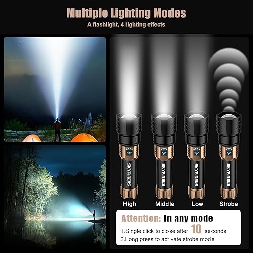 Miniatura 4 de SKYFIRE Linterna recargable de alto lúmen, súper brillante, con zoom, cuatro modos, linterna LED impermeable para camping esencial, emergencias al