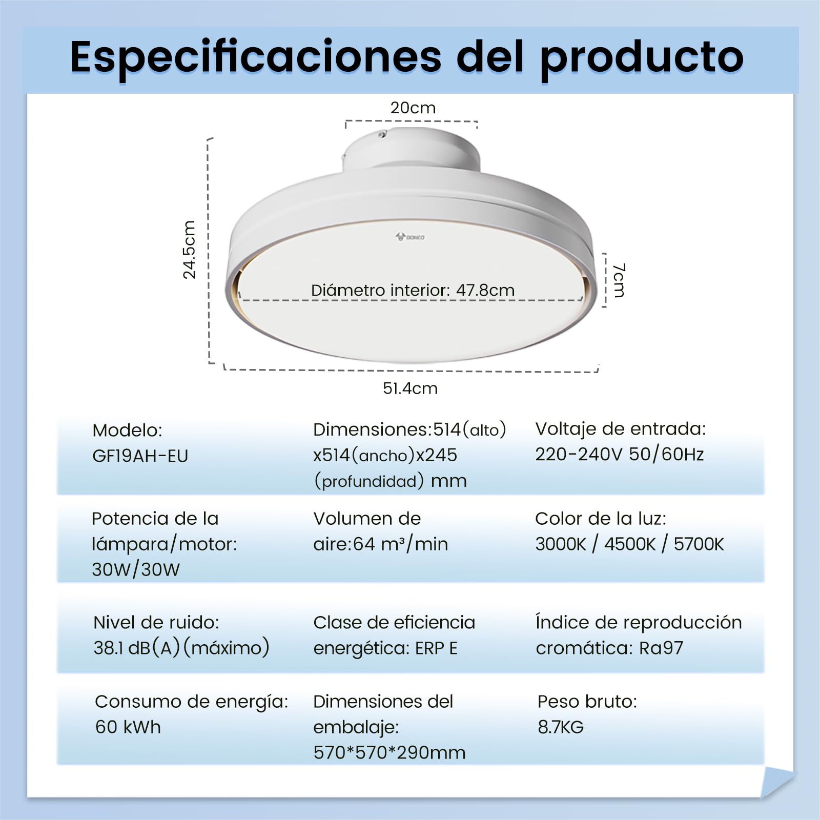 Ventilador de techo con luz sin aspas silencioso, lámpara ventilador techo y mando a distancia,6 velocidades y 3 tonos de luz temporizador, memoria, apto para dormitorio y habitación infantil, 60W