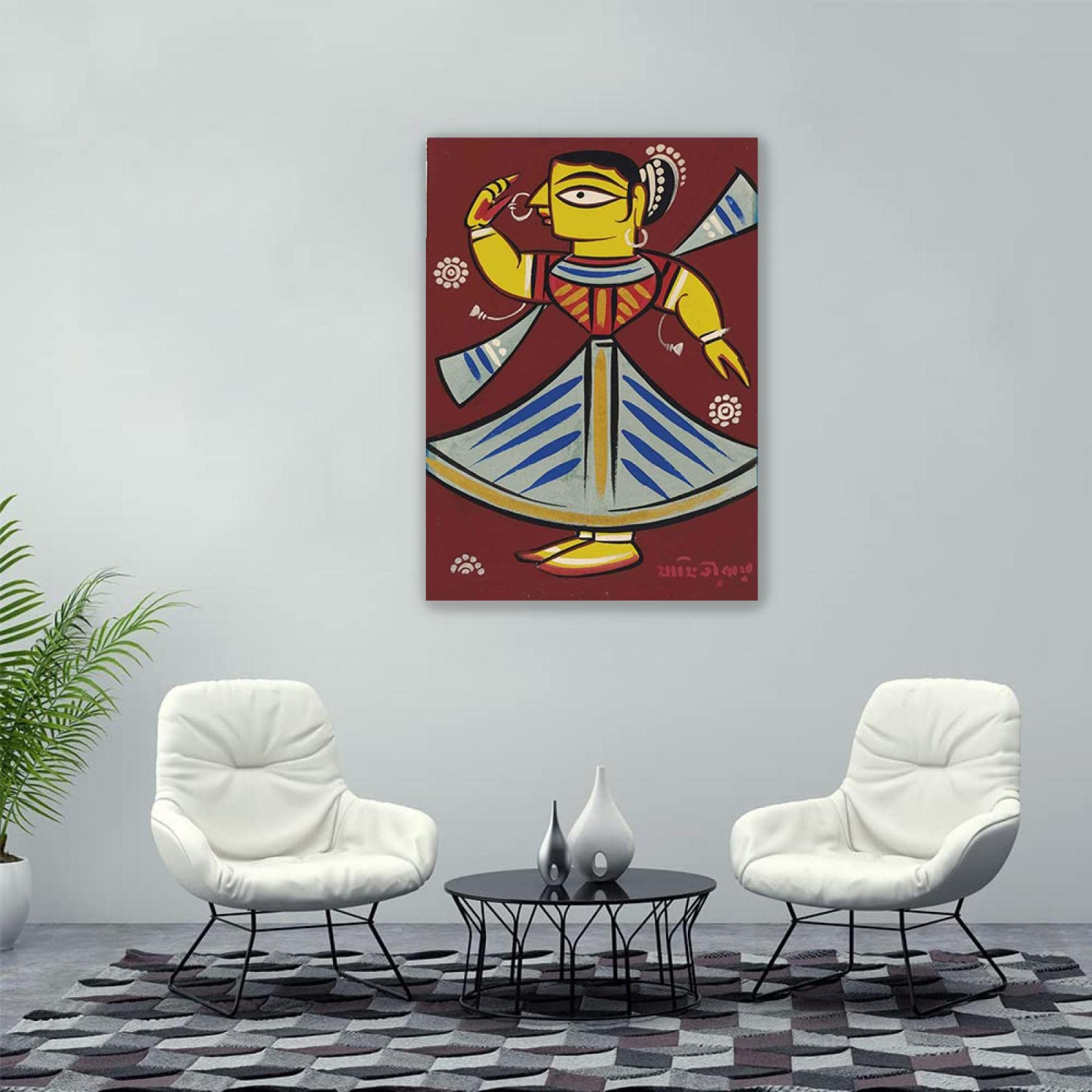 Jamini Roy słynne oprawione obrazy na ścianę - abstrakcyjne obrazy rozciągnięte na płótnie - "Bez tytułu, reprodukcja tancerza gotowa do powieszenia do salonu dekoracja 30 x 42 cm w ramie
