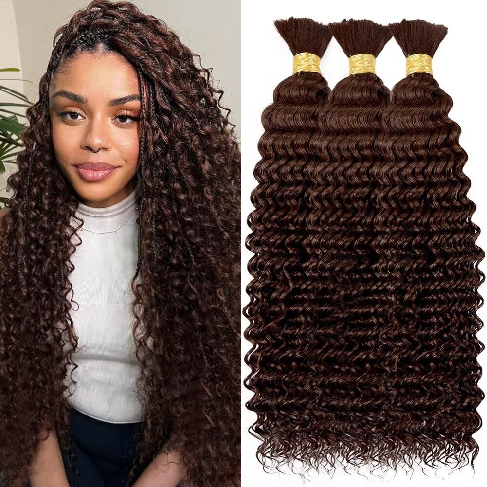 Human Braiding Hair for Boho Braids 150g 24 Inch Chocolate Brown Curly Boho Hair for Braiding Knotless 12A Deep Wave Bulk Bohemian 3 Bundles/Pack