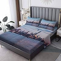 Vista 9 de Juego de sábanas de 5 piezas con estampado de paisaje urbano oceánico, tamaño King dividido, sábanas y fundas de almohada, microfibra suave