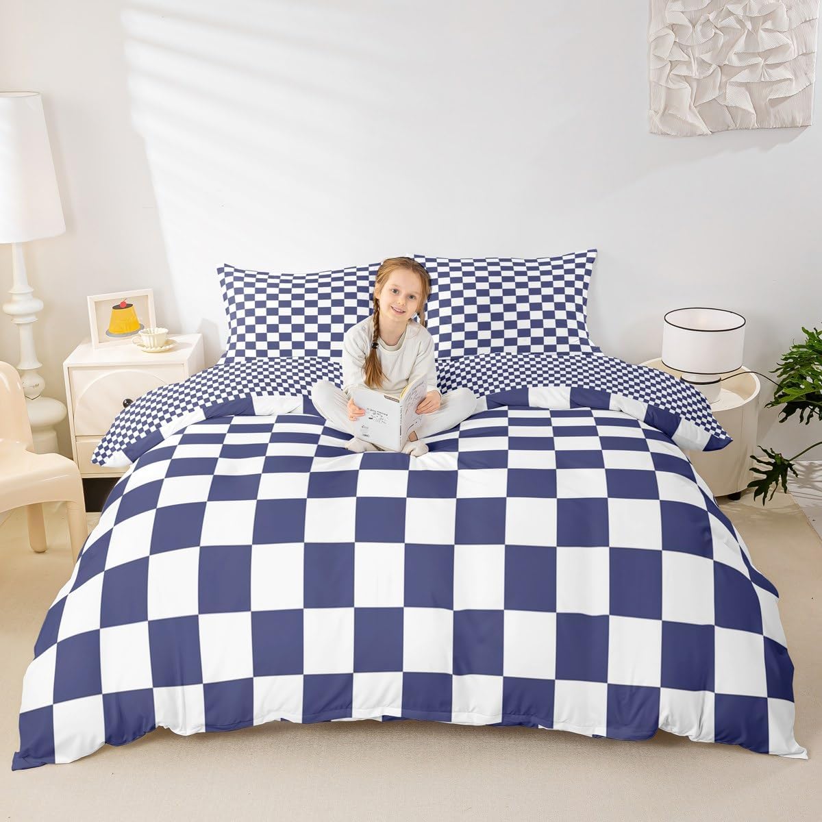 Manfei Navy Blue Plaid Duvet Cover Set Twin Size, Reversible Geometric Square Grid Bedding Set 2pcs, Kids Boys Teen Room Decor, Lightweight Lattice Checkerd Quilt Cover, 1 Pillowcase, No Comforter