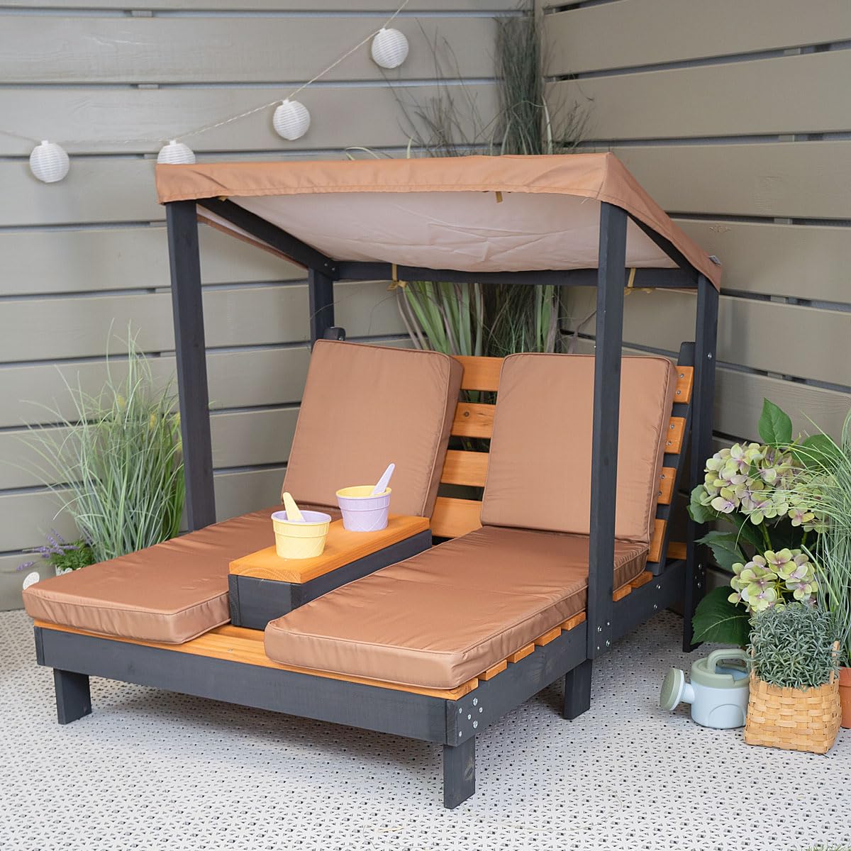 Meppi Chaise Longue Double pour Enfants Bornholm en Bois avec Porte-gobelet et Protection Solaire, pour Jardin