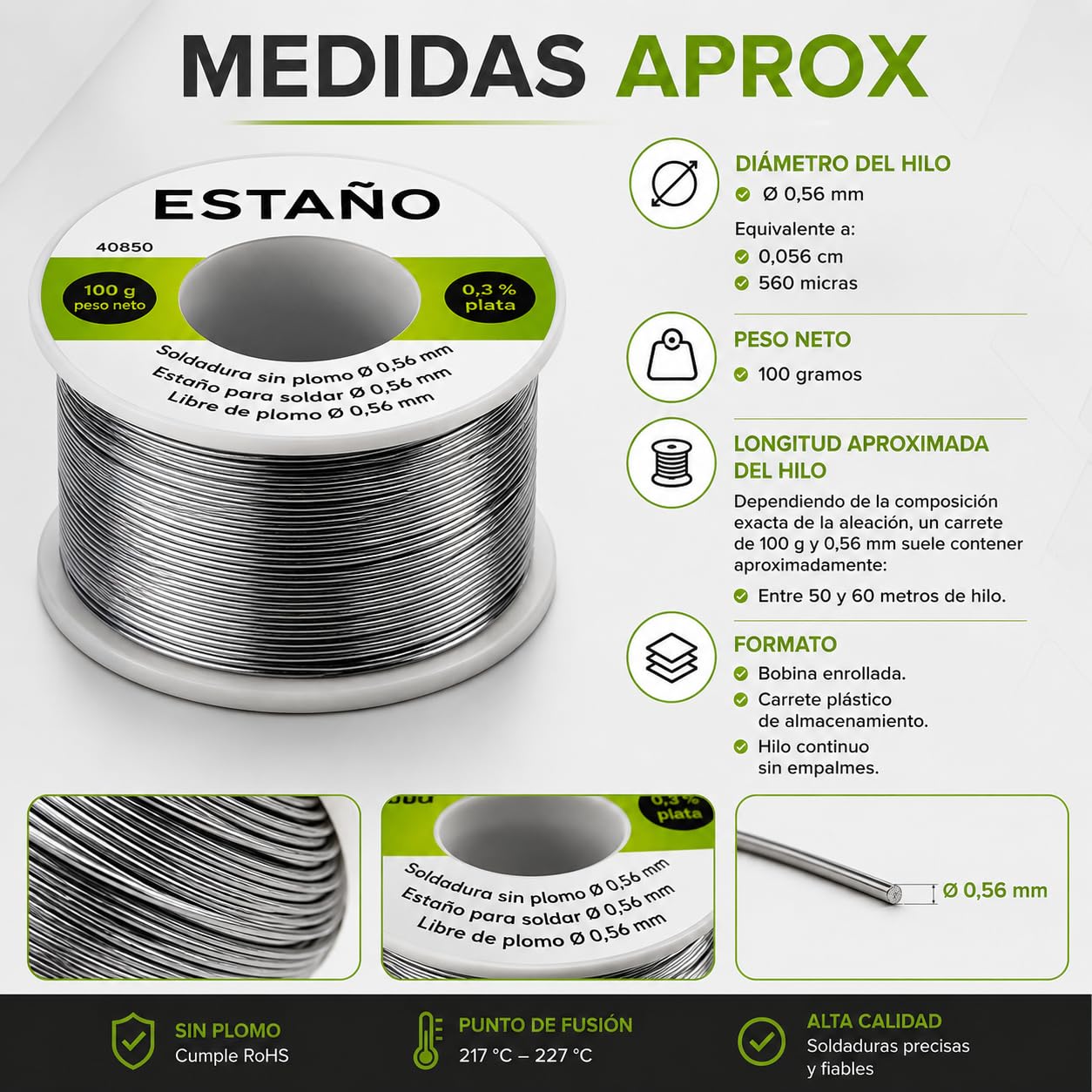 CABLEPELADO Estaño para Soldar Sin Plomo 100 g Ø 0,56 mm con 0,3% Plata | Hilo de Soldadura para Electrónica, PCB, SMD y Reparaciones Eléctricas | Compatible RoHS