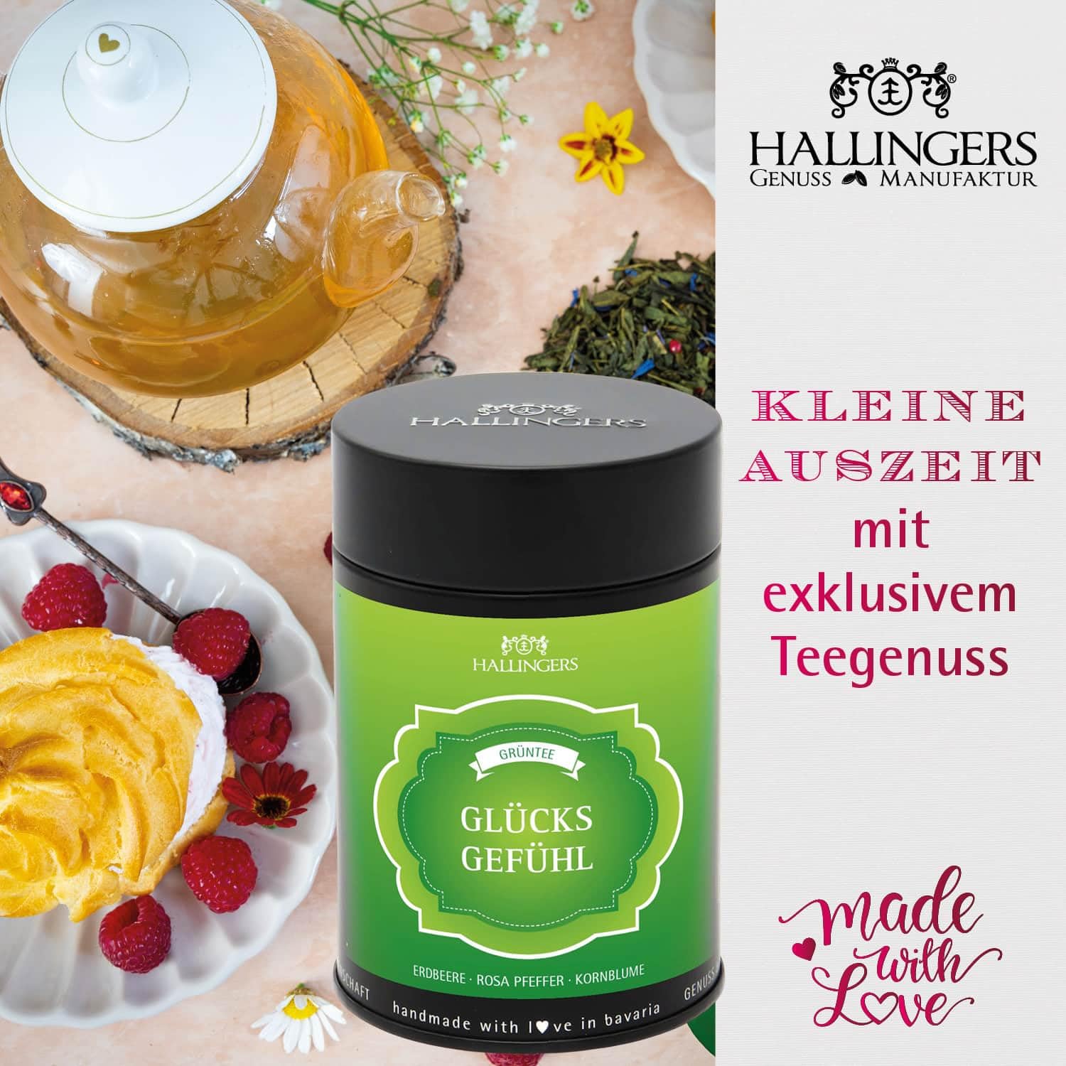 Hallingers Genuss Manufaktur Feinkost Glückwunsch-Geschenk-Set - XXL-Geschenkkorb "Viel Glück" großer Glücksgruß Pralinen, Tee, Nougat, Schoki, Duftkerze Müsli & mehr, Geschenkidee für Frauen Männer