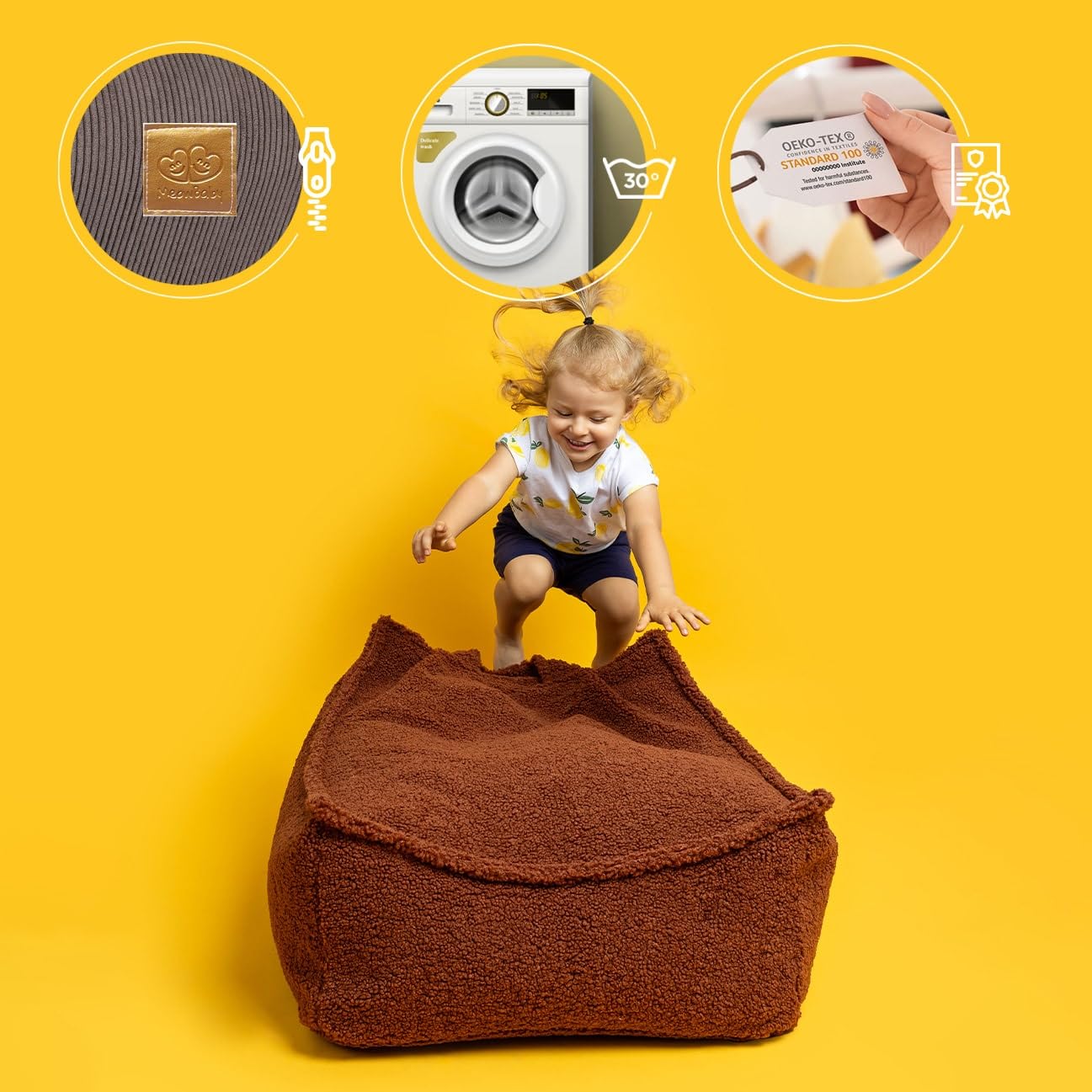 MEOWBABY Puff Cuadrado para Niños, Beanbag, Estética Pana, Polvo Rosa