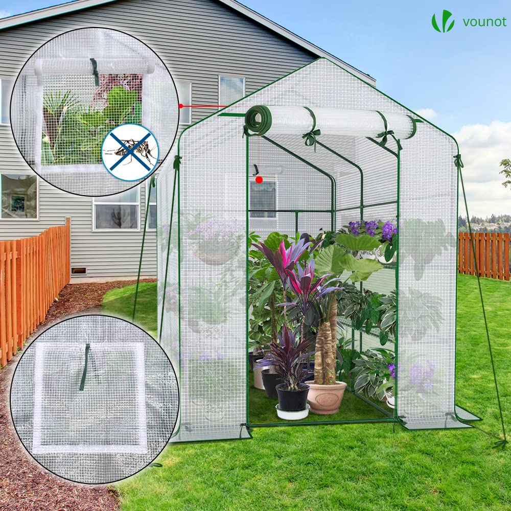 VOUNOT Serra da Giardino 143x215x195 cm con Porta Avvolgibile e Finestra di Osservazione, Mini Serra Orto Vivaio per Piante 12 Ripiani per Fiori Verdure Crescita, Bianco