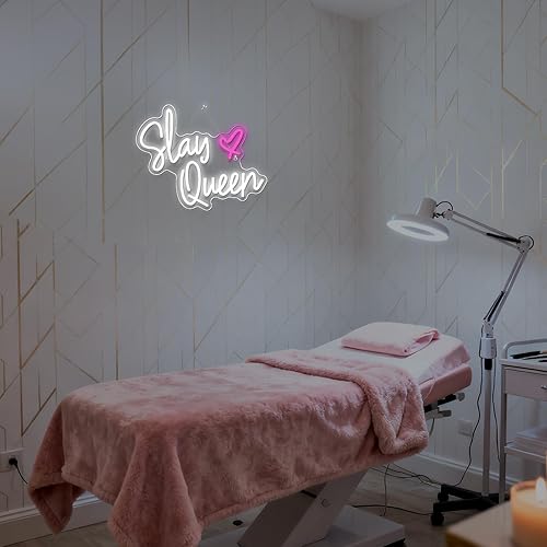 Miniatura 6 de Slay Queen - Letrero de neón LED blanco y rosa para decoración de pared, luz de neón USB para dormitorio, niña, estética, decoración de dormitorio,