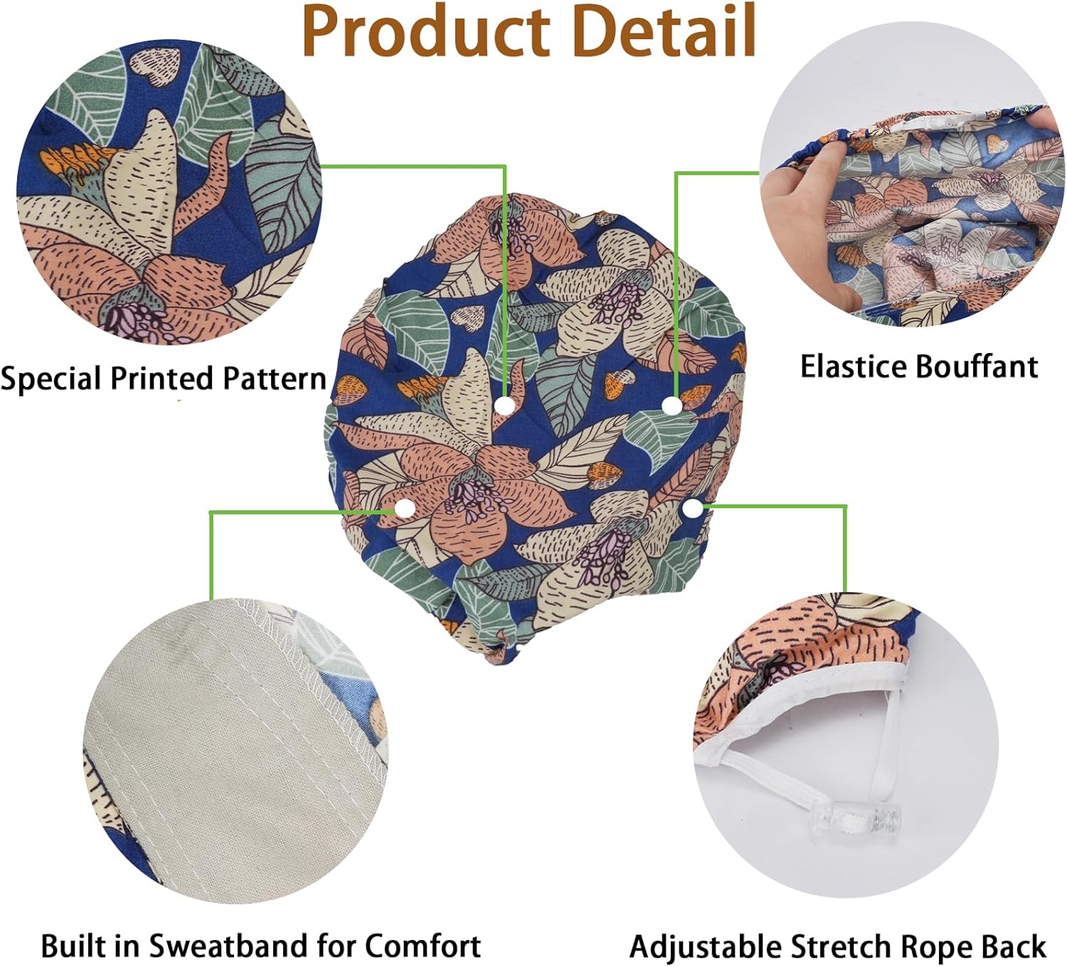 CEYAZYE 6 Pcs Bouffant Scrub Caps with 2 Satin Scrunchies, Adjustable Surgical Cap with Button and Sweatband, Printed Nursing Working Hats for Women Men, Multicolored Elastic Hair Covers, 6 Styles - Image 2