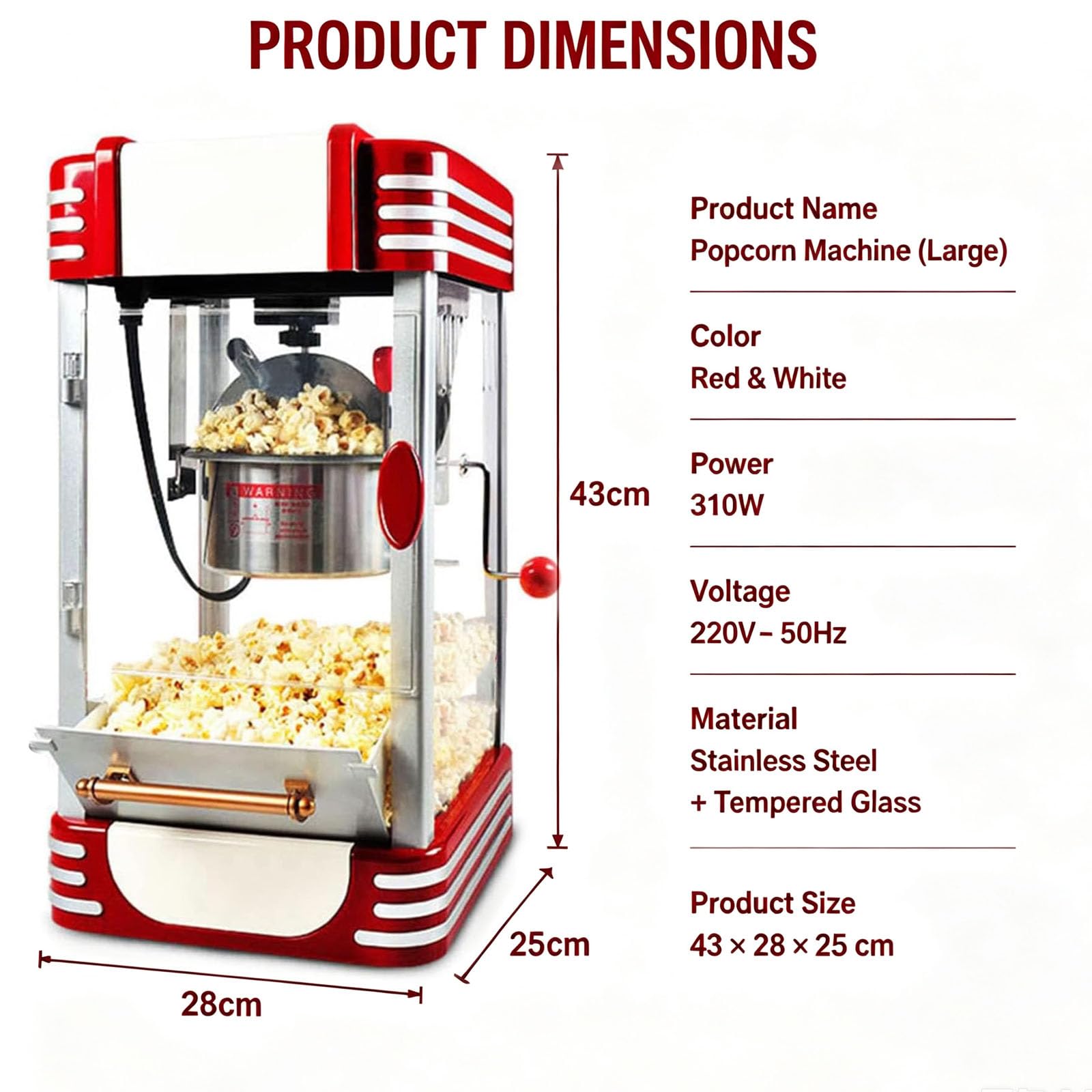 Maszyna do popcornu 310 W, ze stali nierdzewnej, z funkcją utrzymania ciepła i programatorem czasowym do szybkiego wytwarzania popcornu, idealna do barów z przekąskami, imprez domowych, kin i stoisk z