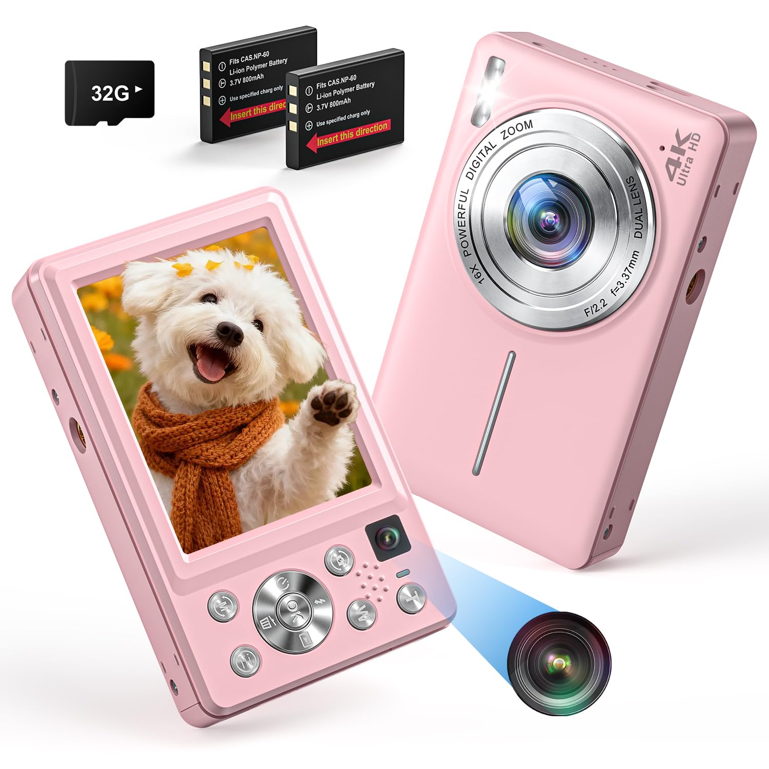 4K Fotocamera Digitale 64MP Macchina Fotografica Digitale con Doppia Lente, Autofocus, Scheda 32 GB, Zoom Digitale 16x, Fotocamera Digitale Compatta con 2 Batterie, per Adolescenti e Principianti