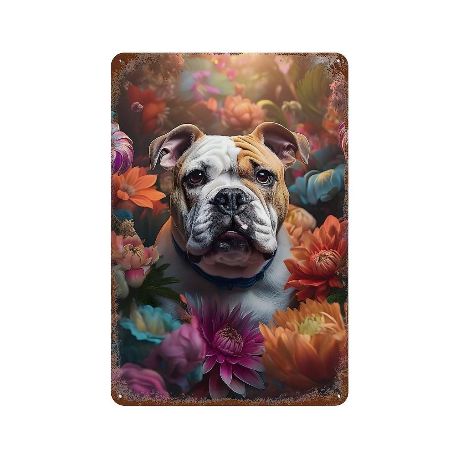 Bulldog in Flowers Vintage Rust Metal Sign 11.8"x7.9", for Pub, Kitchen And Man Cave Decor, Rustic Home Decor