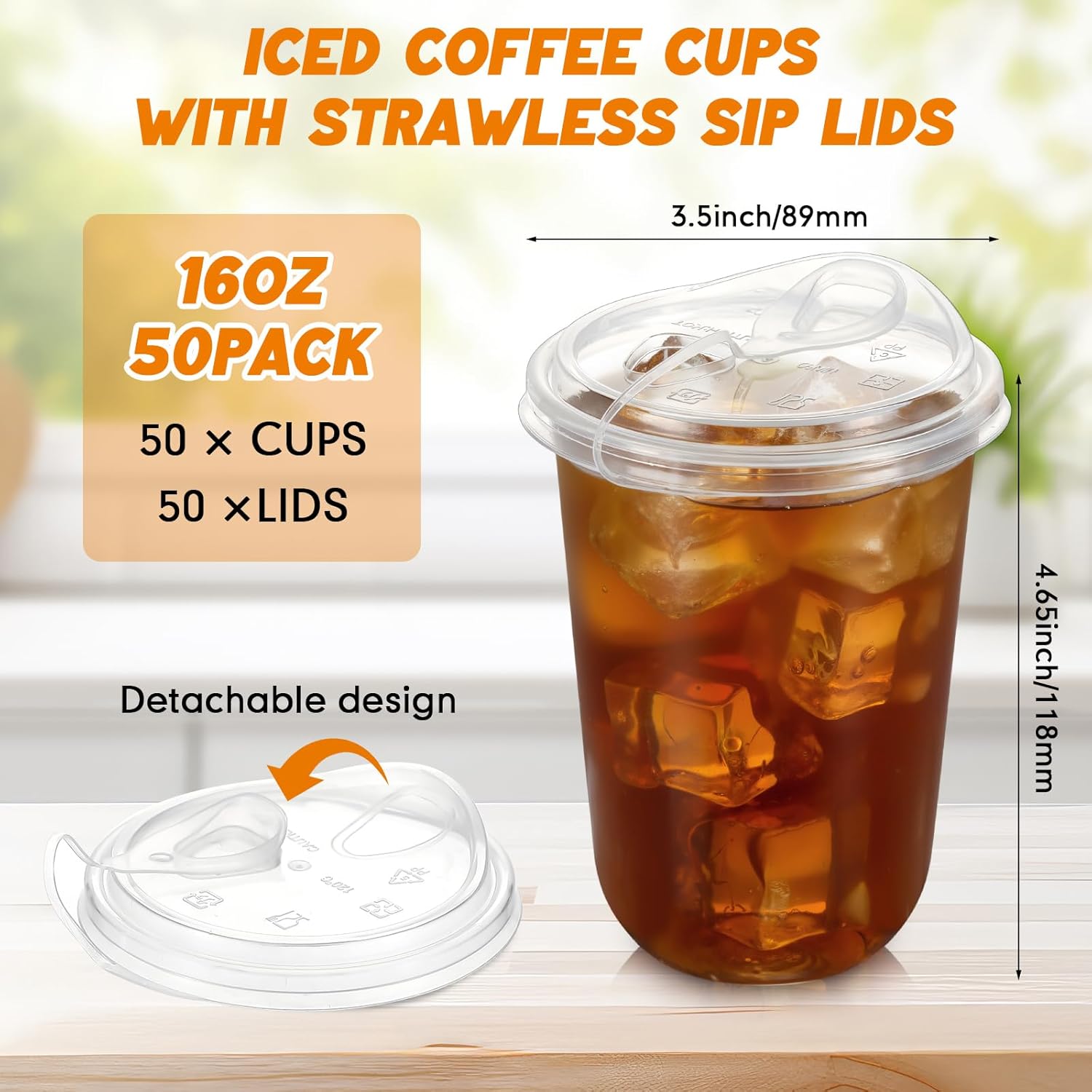 50 Pack 16oz Clear Plastic Cups with Strawless Sip Lids Disposable Iced Coffee Cups Pet Crystal Round Bottom Tumblers for Iced Coffee, Cold Drinks, Smoothie, Drink Shops and Party Catering - Image 3