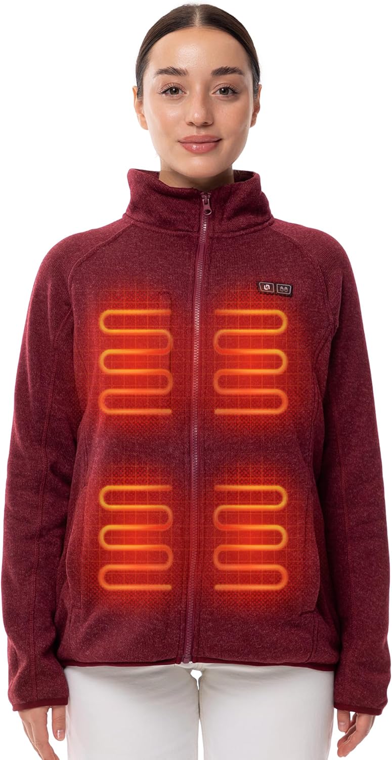 HENNCHEE Heated Fleece Jackets for Women with 12V 16000mah Battery Pack, Zip Up Heating Sweater, Knitted Sweatshirt Coat