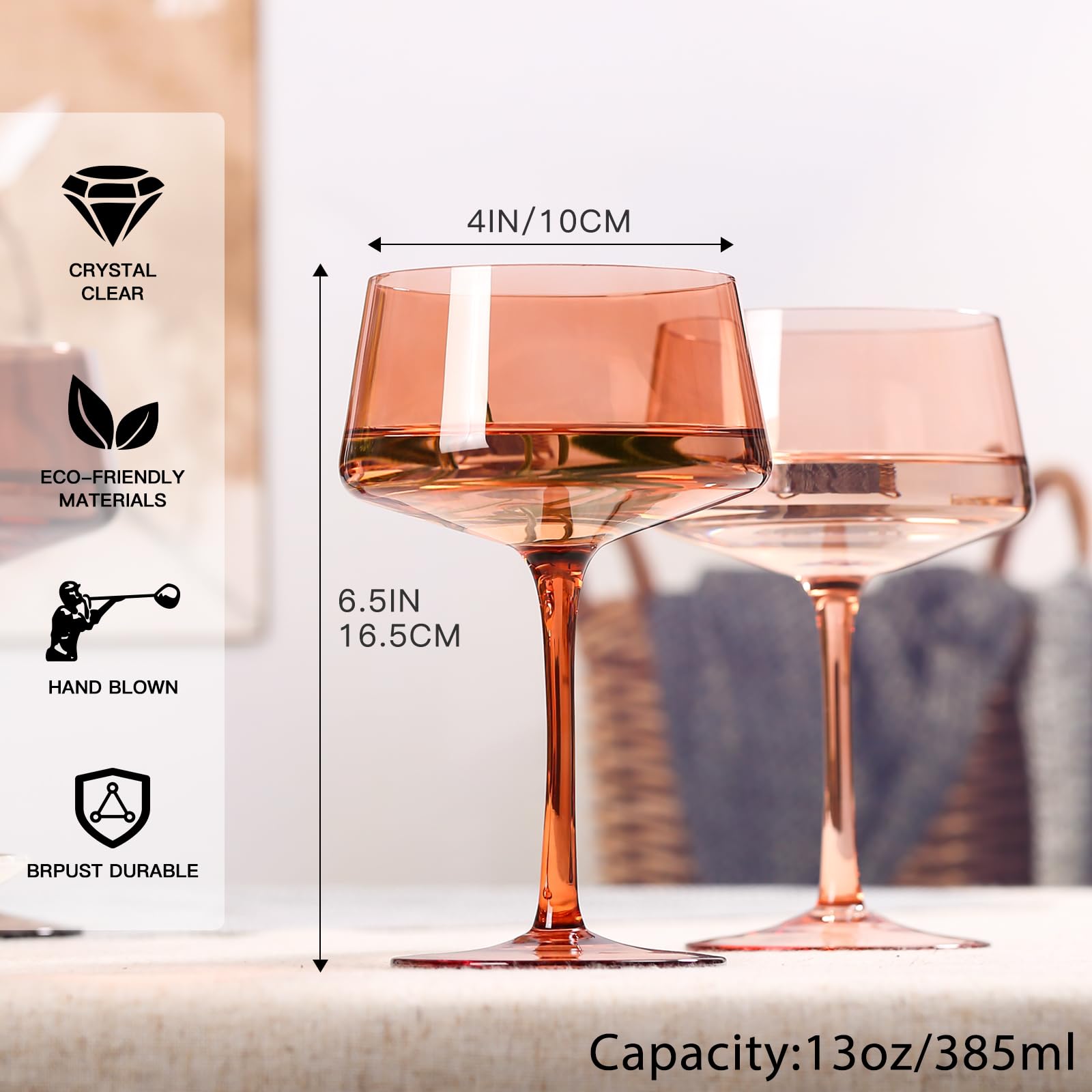 comfit Braunes Coupé-Gläser-Set, 170 ml, Martini-Gläser mit großem Fassungsvermögen, bernsteinfarbene Cocktailgläser, mundgeblasen, farbiges Champagnerglas, Hochzeitsgeschenke