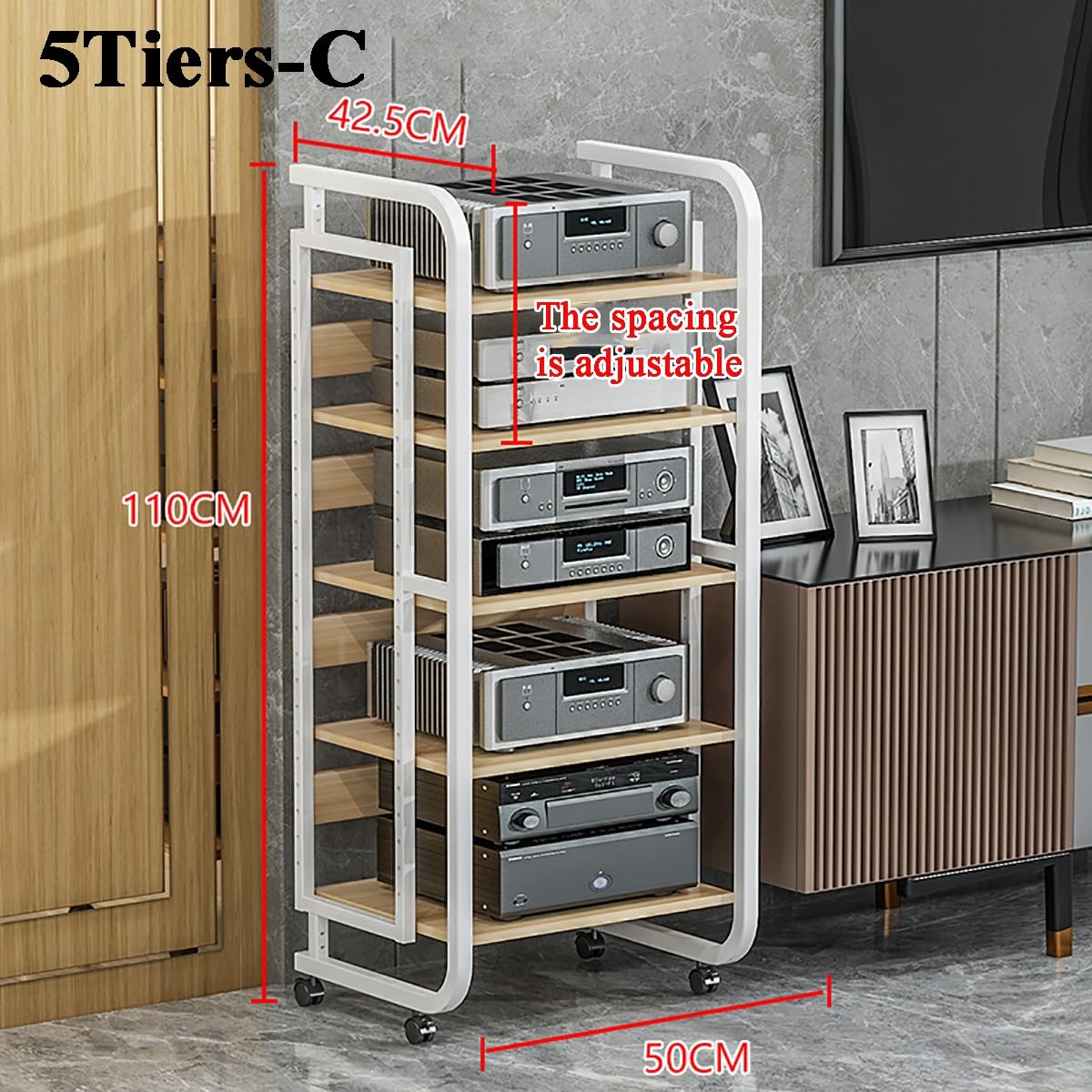 Wysoki stojak na media HiFi Ruchomy stojak rozrywkowy do salonu, solidna czarna metalowa półka z kółkami na konsole do gier i sprzęt audio