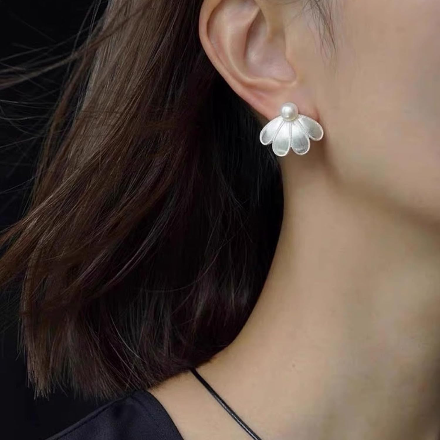 Boho Flower Pearl Earrings Silver Flower Earrings Petal Studs Earrings Trendy Flower Earrings Bridal Wedding Earrings Jewelry for Women - Image 7