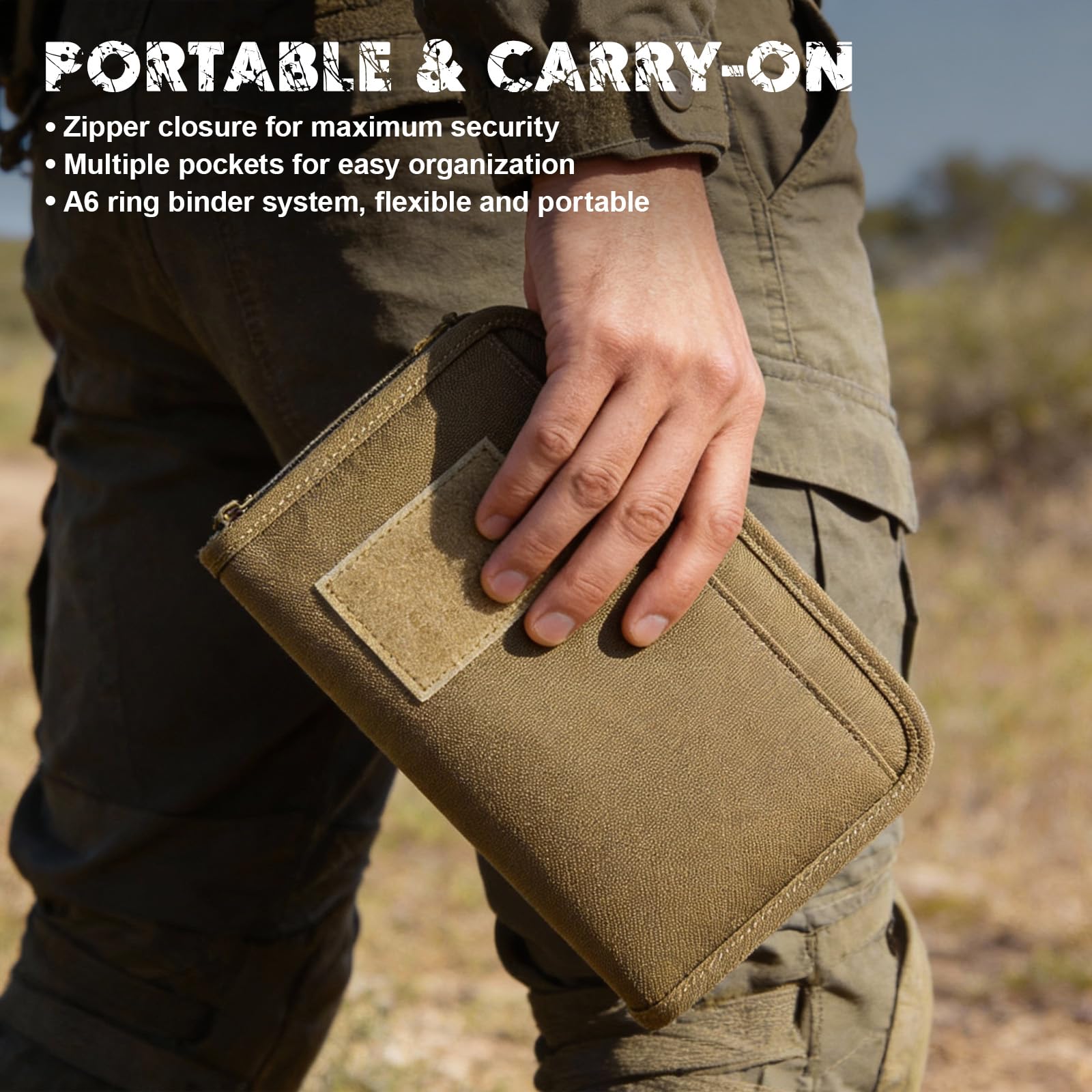 Taktische Padfolio Ringbinder mit 45 Blatt, Militär Padfolio Ringbuch mit Reißverschluss, Militär-Notizbuchhülle, Wetterfester A6 Notizbuch Ordner, Abnehmbarer 6-Ringbuch-Organizer, Khaki