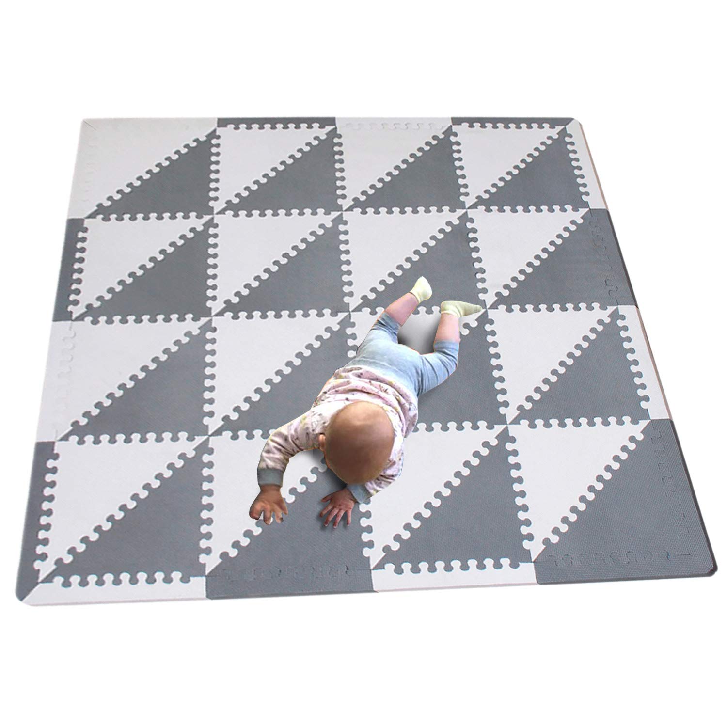 MQIAOHAM 32 Pieces Triangle Kids Foam Bebe Play mat Game boy Gym Floor mats for Children Toddler Infant Girls eva playmats babg Tiles softtiles Carpet Activity Grey White P050HUI