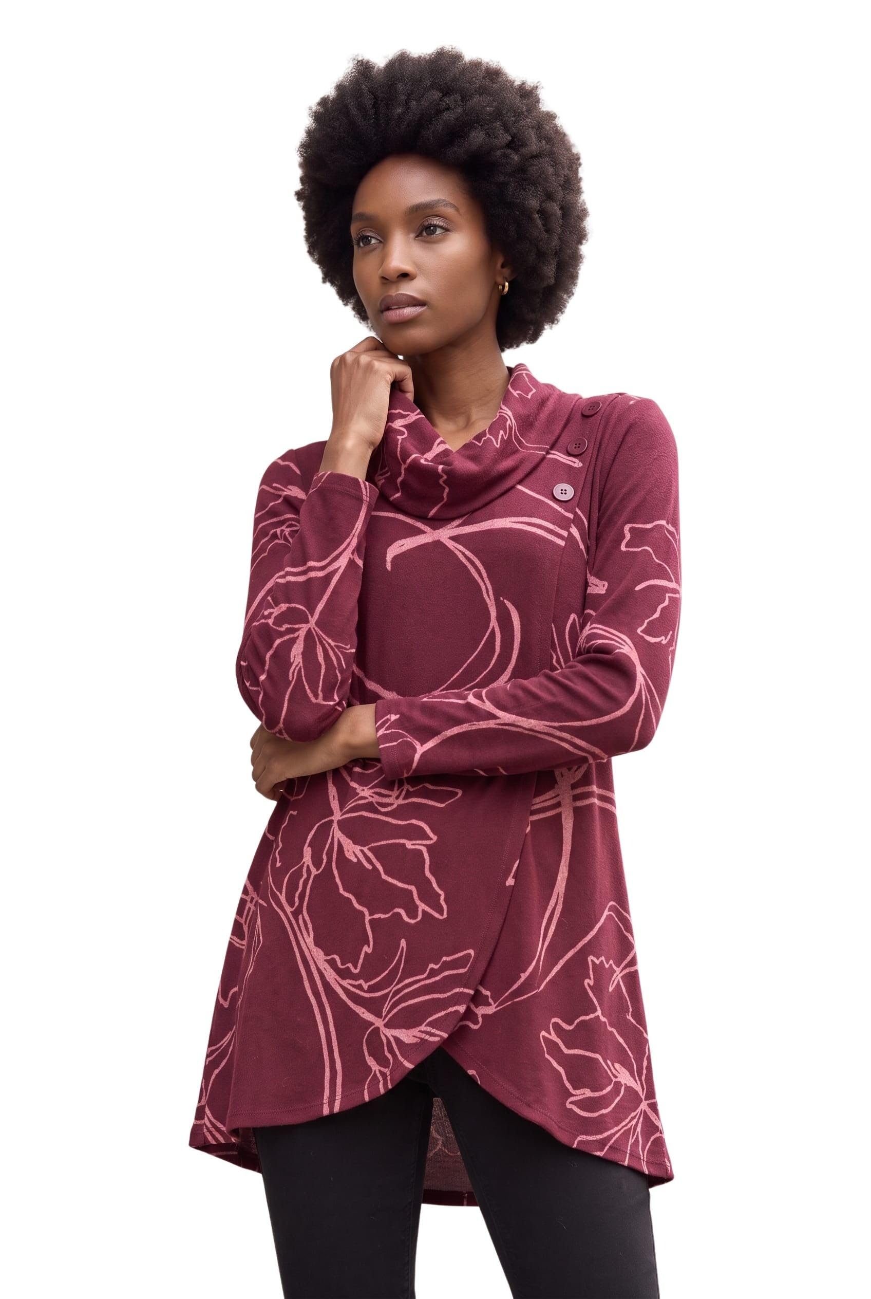 Roman Women's Cowl Neck Long Sleeve Tunic Ladies Lightweight Longline Patterned Top Blouse Snit Autumn Winter Work & Casual Smart Wear Going Out Party Loungewear