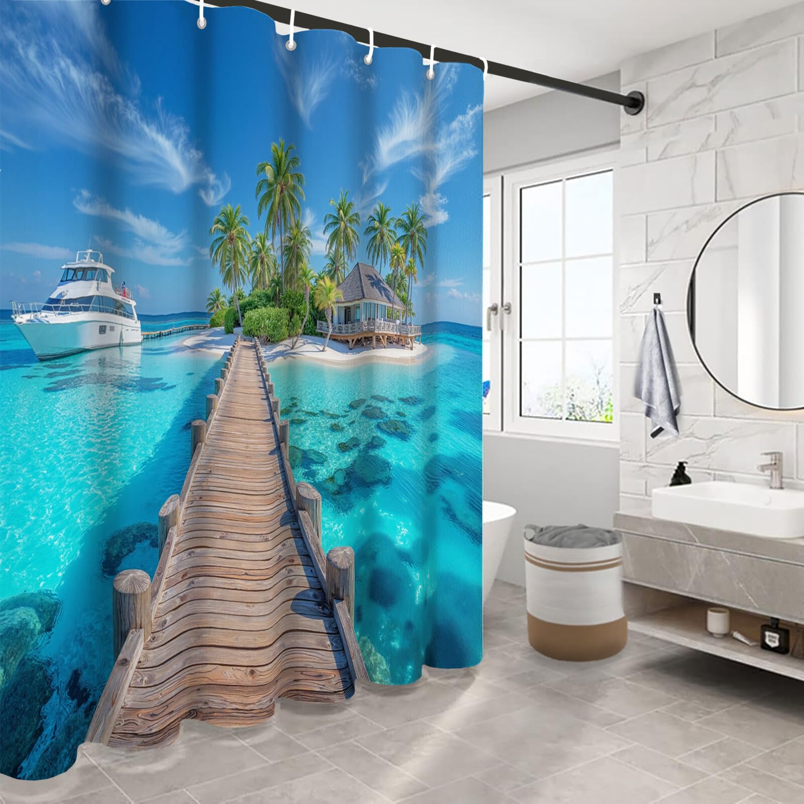 Rideau Douche,Rideau Baignoire Lavable en Machine Rideaux Douche Tissus Lavable Rideau De Baignoire Lavable pour Salle De Bain Domicile Baignoire Famille,Pier Island,