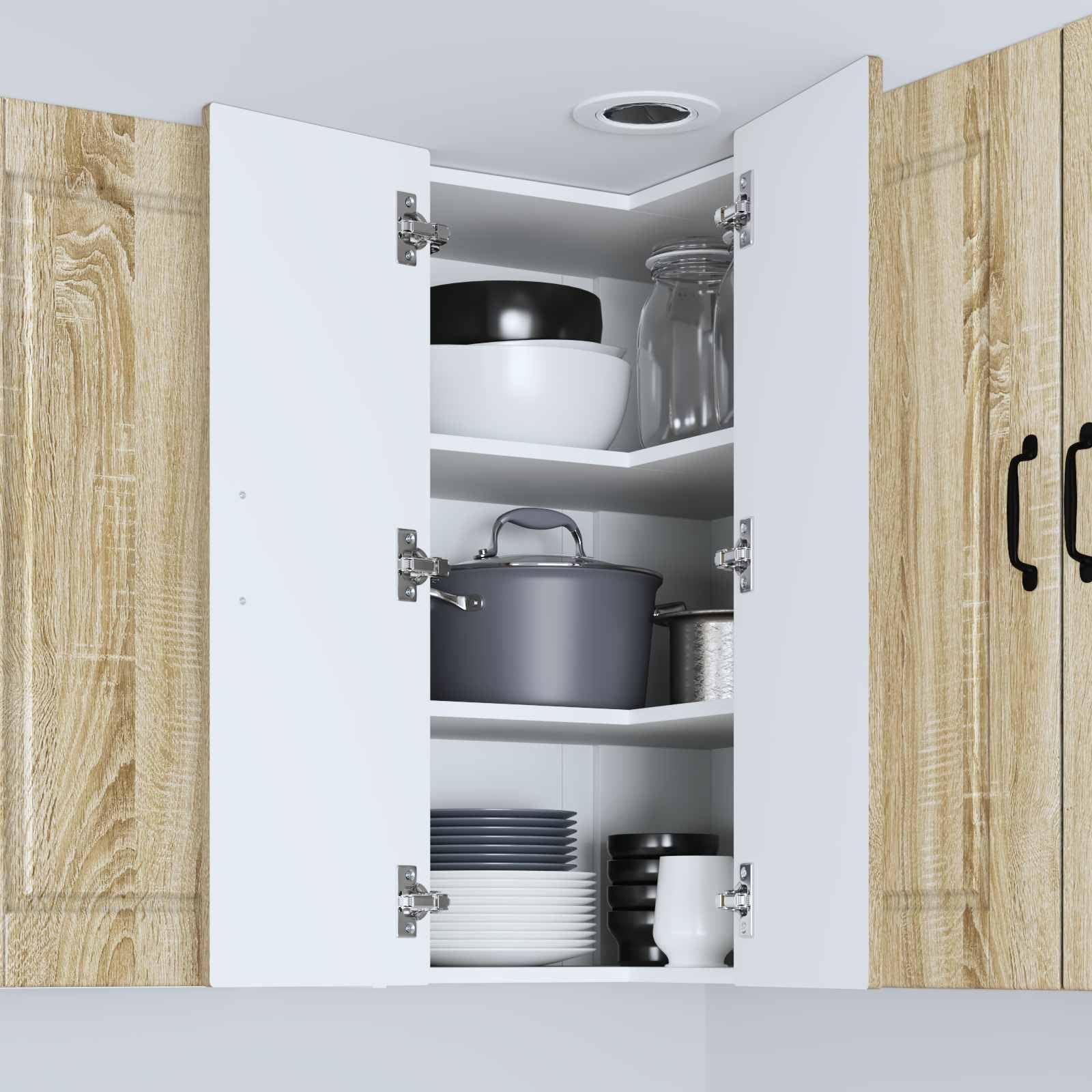 Armario esquinero Porto Sonoma de roble de madera, 57 x 57 x 80 cm, 3 estantes, 2 puertas, armario colgante para cocina, espacio de almacenamiento, almacenamiento para interiores modernos