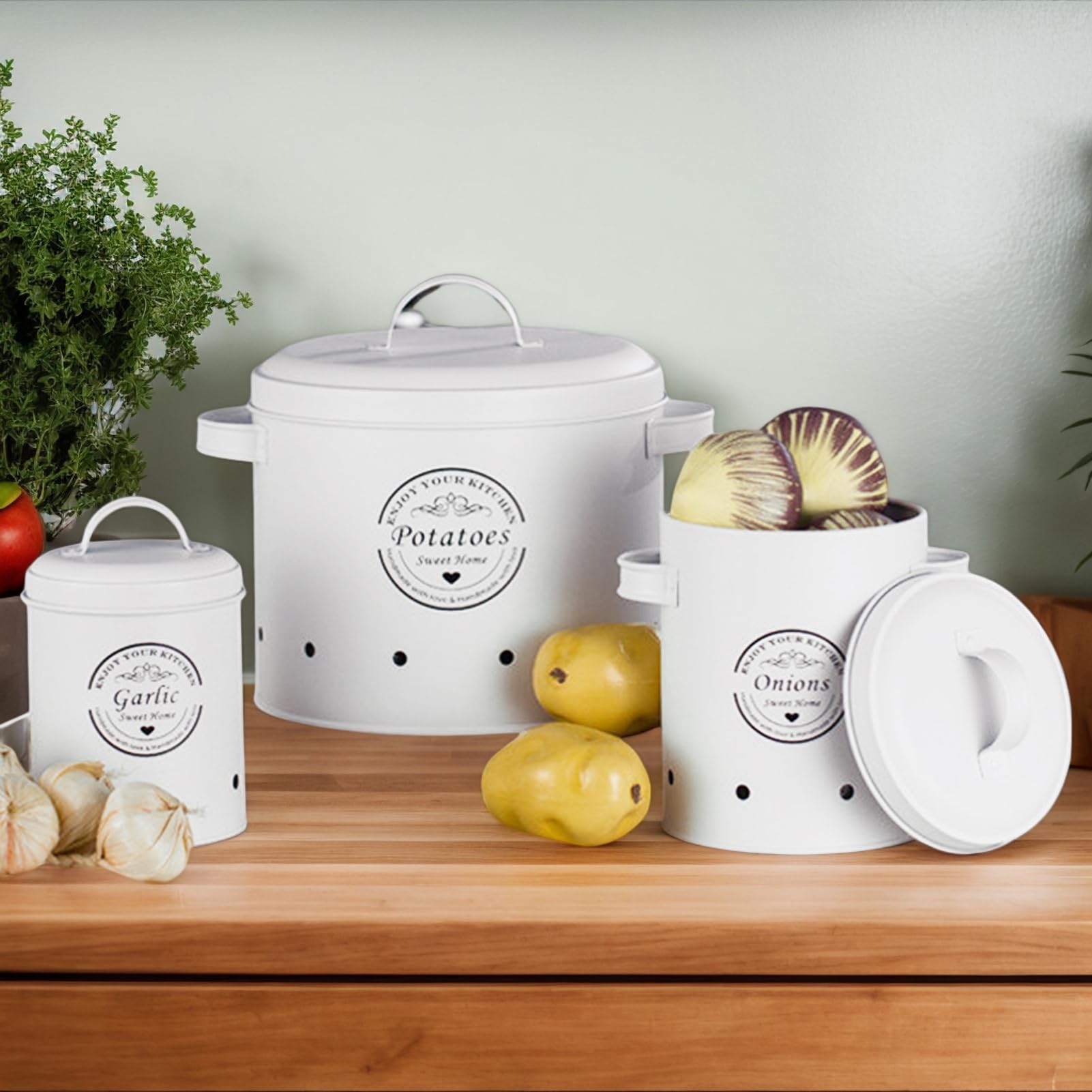 Aufbewahrungsbehälter für Kartoffeln und Zwiebeln – Metall für | Schutzbleche | Küchenaufbewahrungsbehälter mit Belüftungslöchern, -Töpfe im Vintage-Stil, Paar