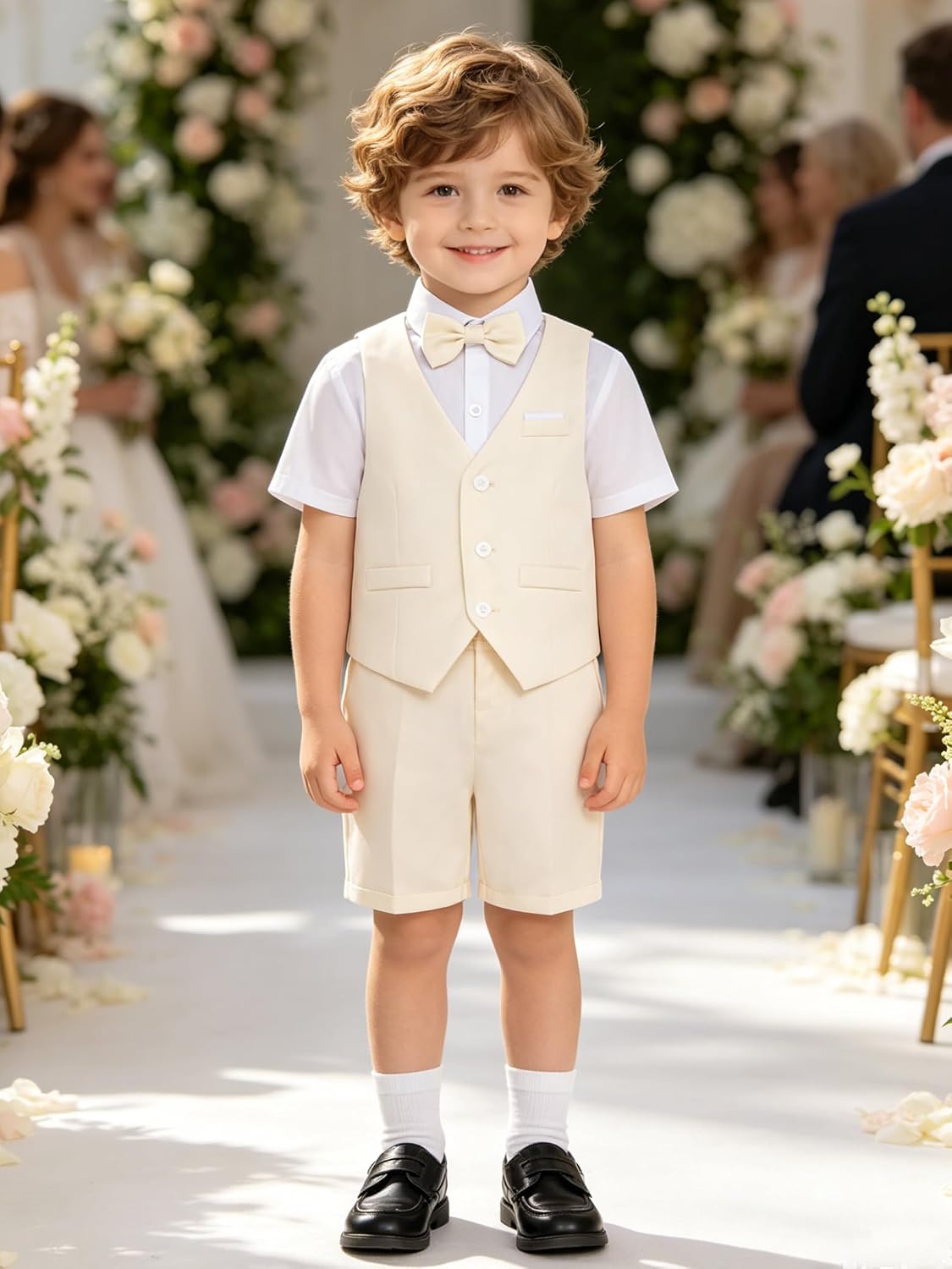 Sywiyi Baby Boys Shorts Sets, Infant Shirt+shorts+bow Tie+vest Outfits Suits Summer Wedding Outfits Beige 9-10 Years