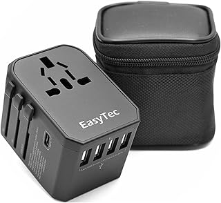 EasyTec Universal Travel Adapter Europen Plug Adapter International Travel Adapter Worldwide Travel Adapter with USB 4 Smart Ports 1 Type-C European to UK Plug Adaptor Travel Adaptor Travel Charger