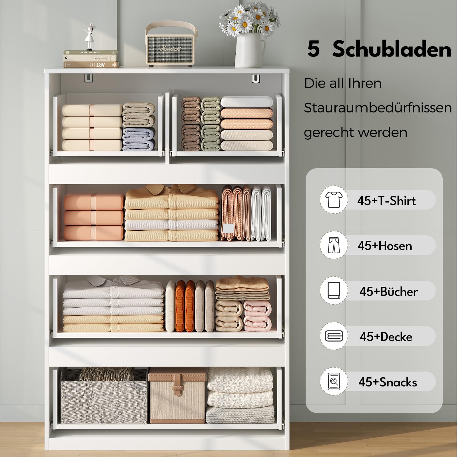BEWISHOME Kommode mit 5 Schubladen,Kommode weiß,Kommoden & Sideboards,Schubladenschrank,Komodenschrank für Schlafzimmer,Wohnzimmer,Flur,68x38x94 cm EKCG07W